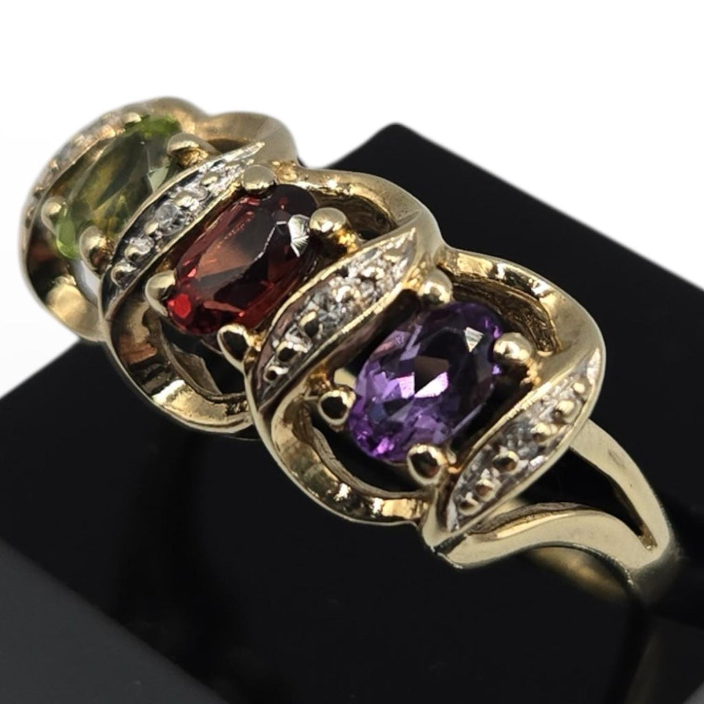 9K Solid Gold Peridot Garnet Amethyst with Diamonds Vintage Ring Size 7.5