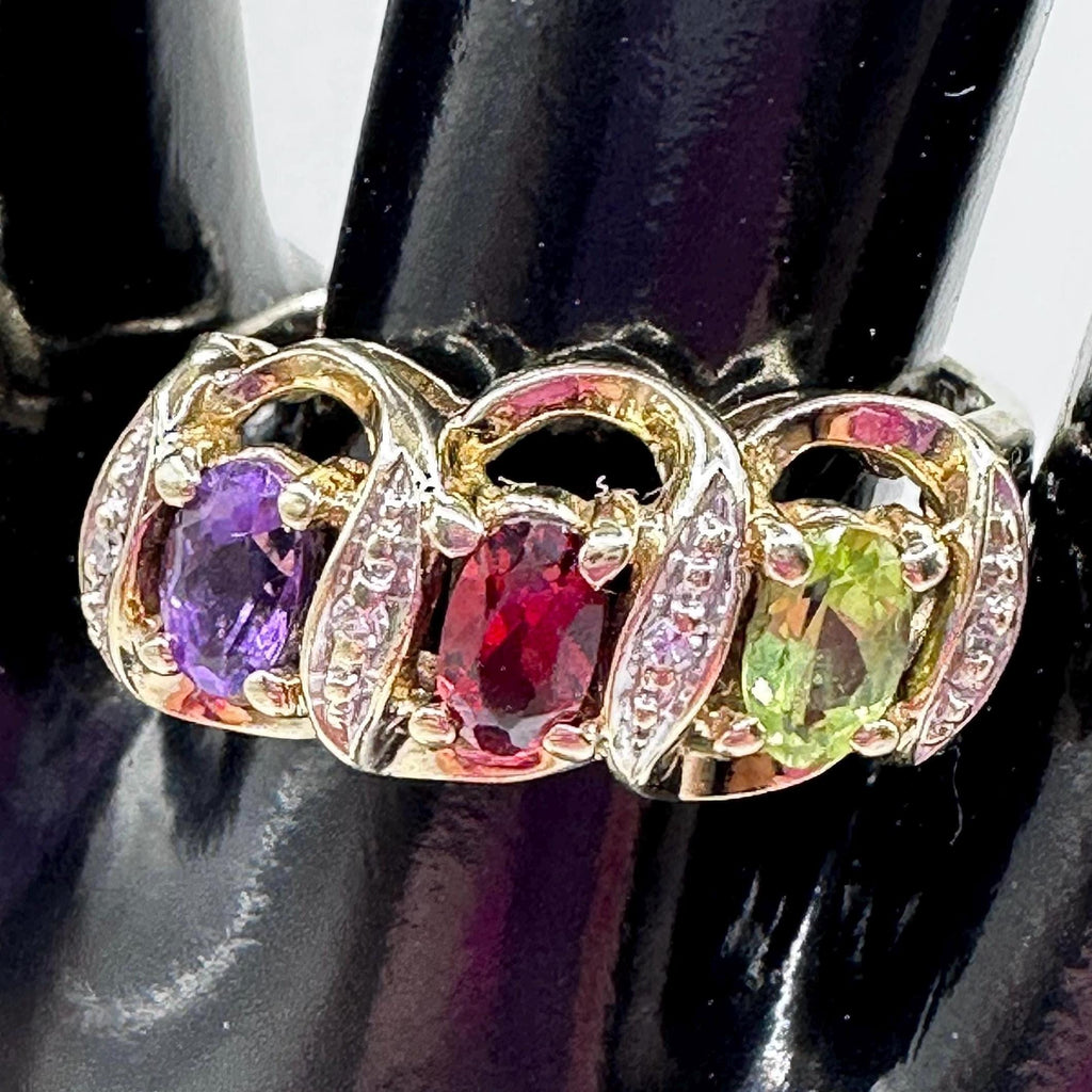 9K Solid Gold Peridot Garnet Amethyst with Diamonds Vintage Ring Size 7.5