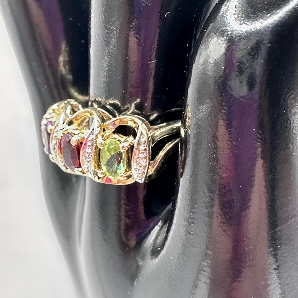 9K Solid Gold Peridot Garnet Amethyst with Diamonds Vintage Ring Size 7.5