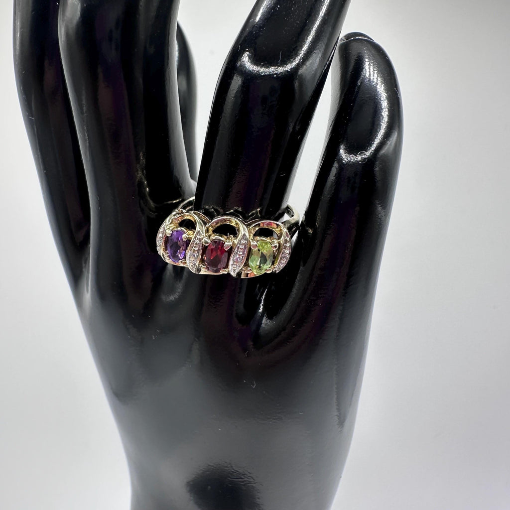 9K Solid Gold Peridot Garnet Amethyst with Diamonds Vintage Ring Size 7.5