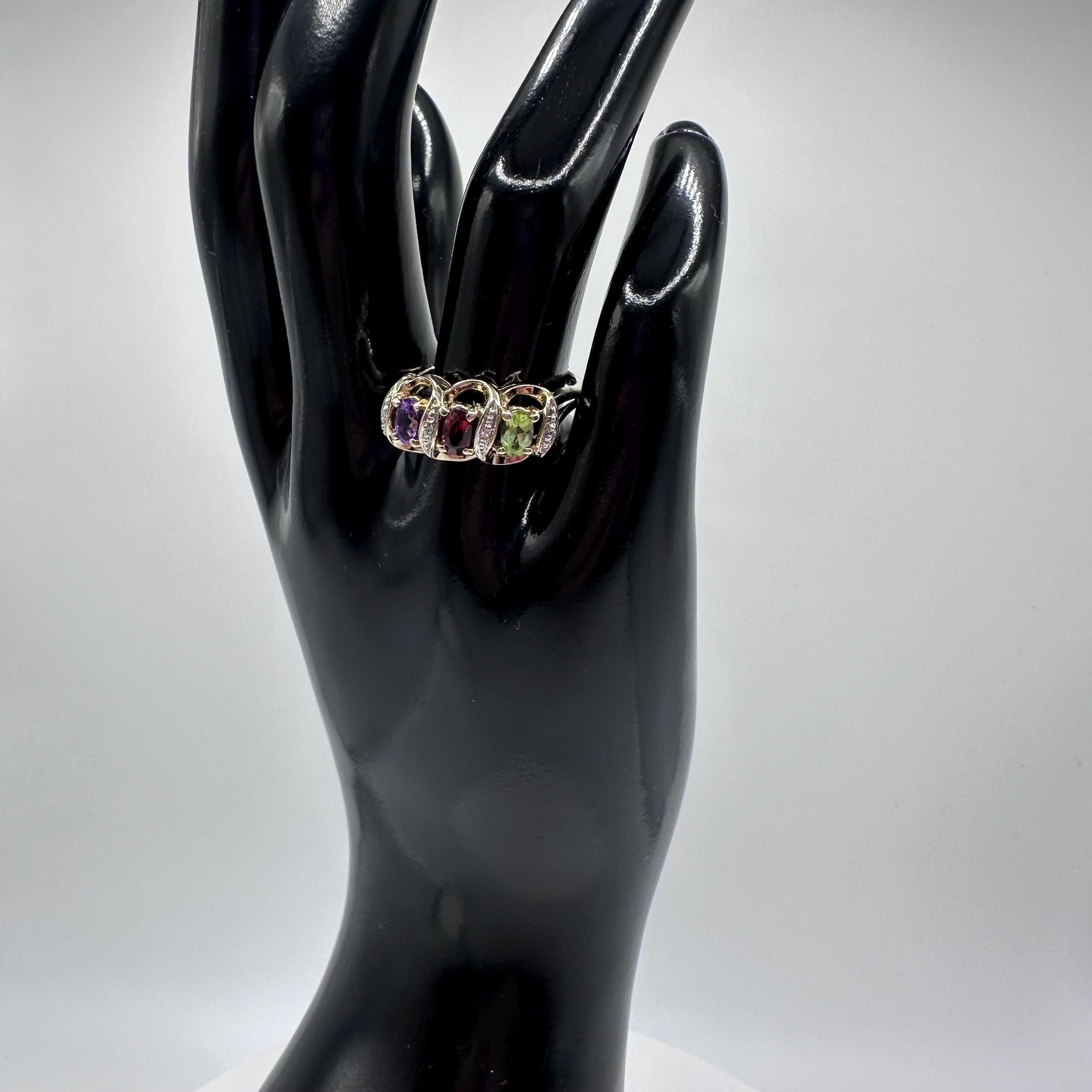 9K Solid Gold Peridot Garnet Amethyst with Diamonds Vintage Ring Size 7.5