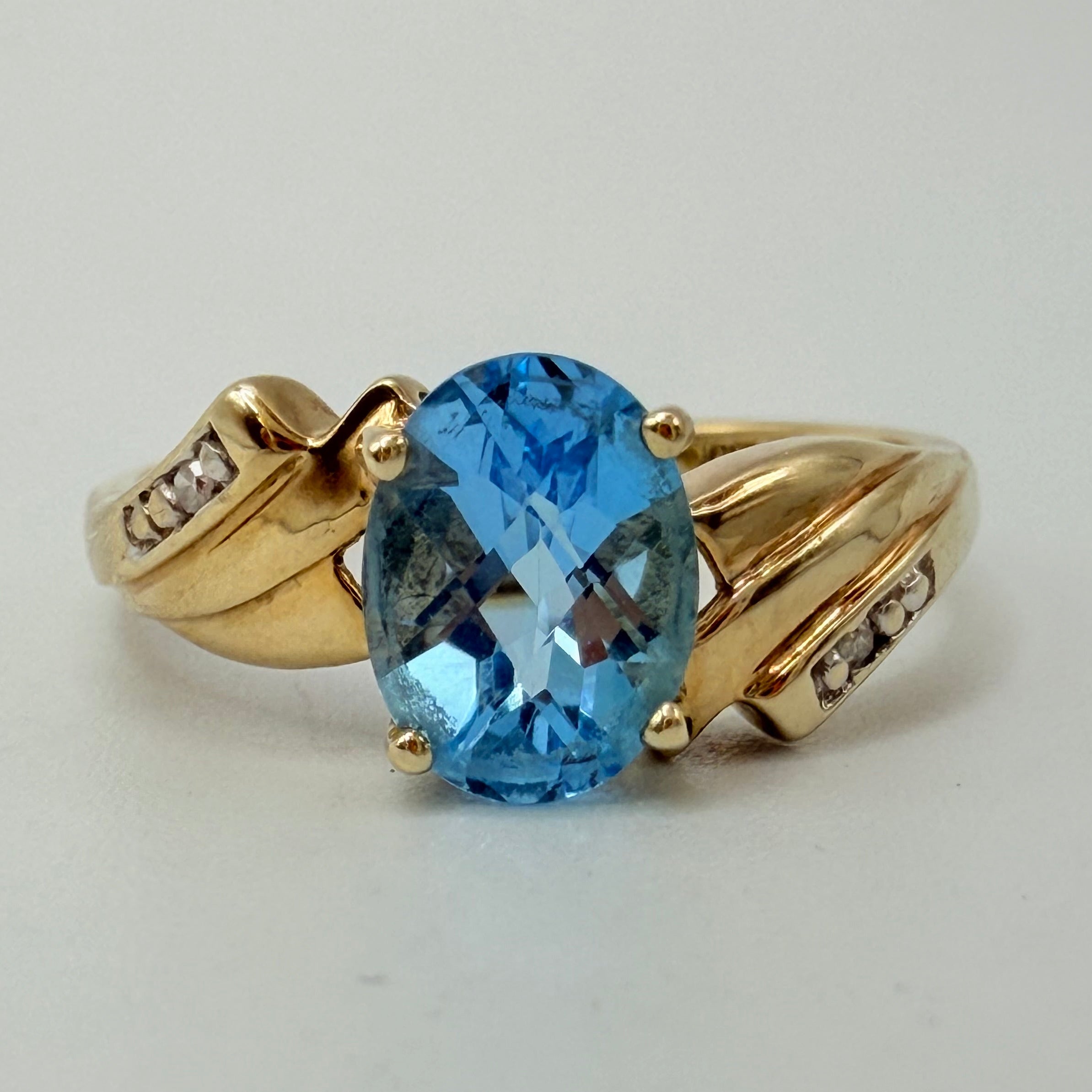 Solid 10K Yellow Gold Ring with Oval-Cut Blue Topaz & Diamond Accents Size 7