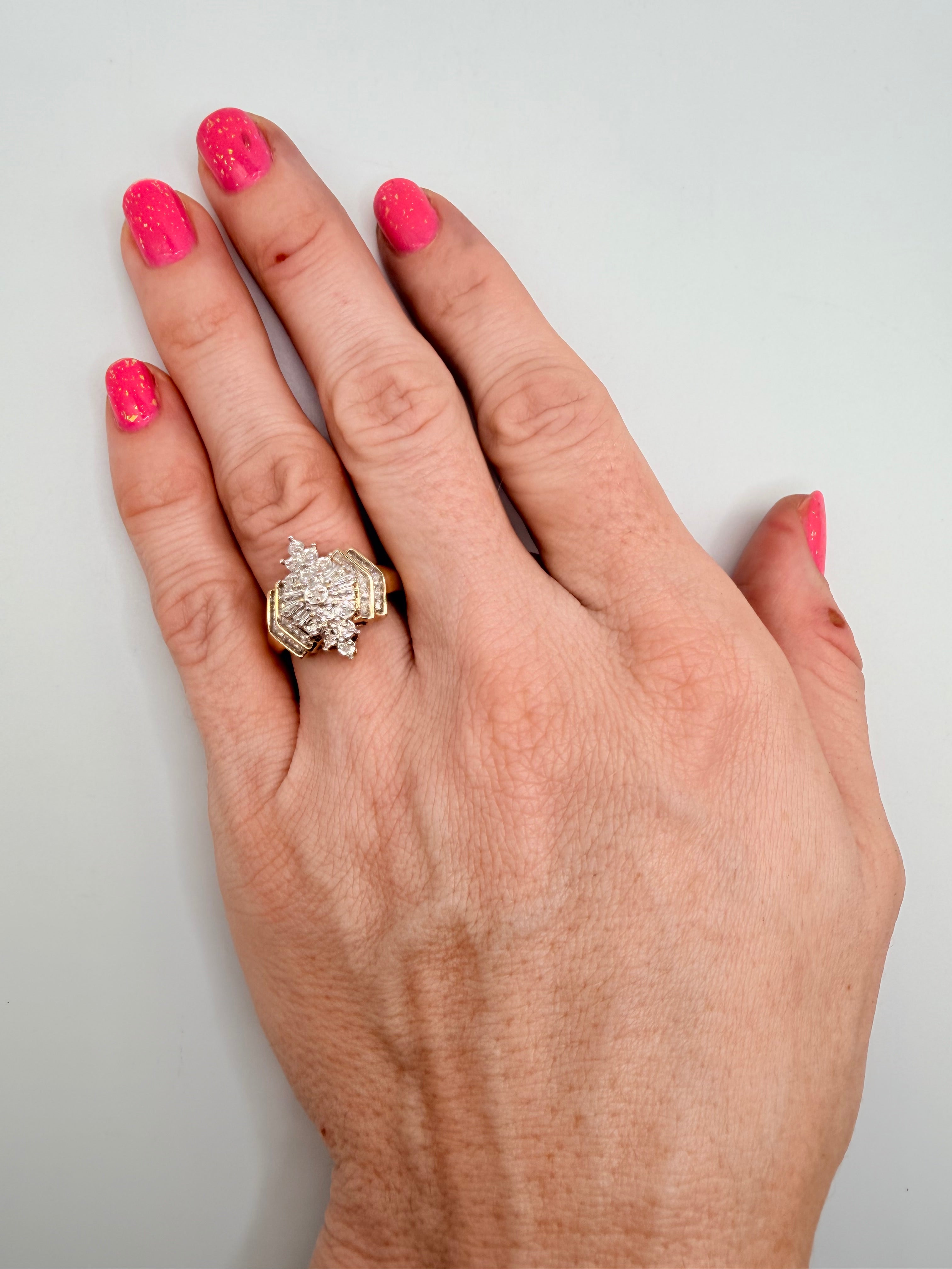 Solid 10K Yellow Gold Ring with Diamond Cluster Size 6.75