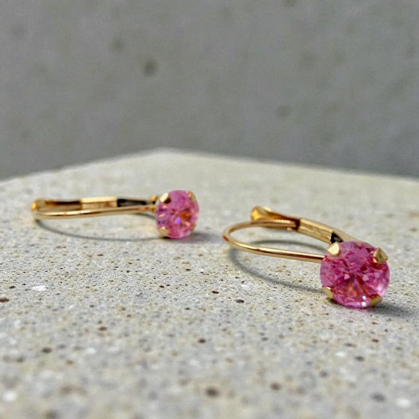 Solid 14K Yellow Gold Drop Earrings with Round Cut Pink Gemstones