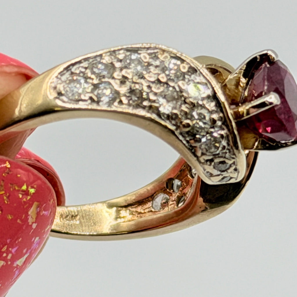 Solid 14K Yellow Gold Ruby Ring with 24 Diamond Accents – Size 5.5