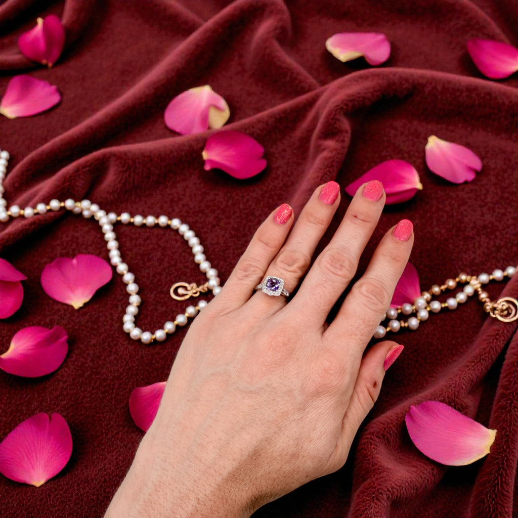 Solid 10K White Gold Ring with Cushion Cut Amethyst Ring Size 7