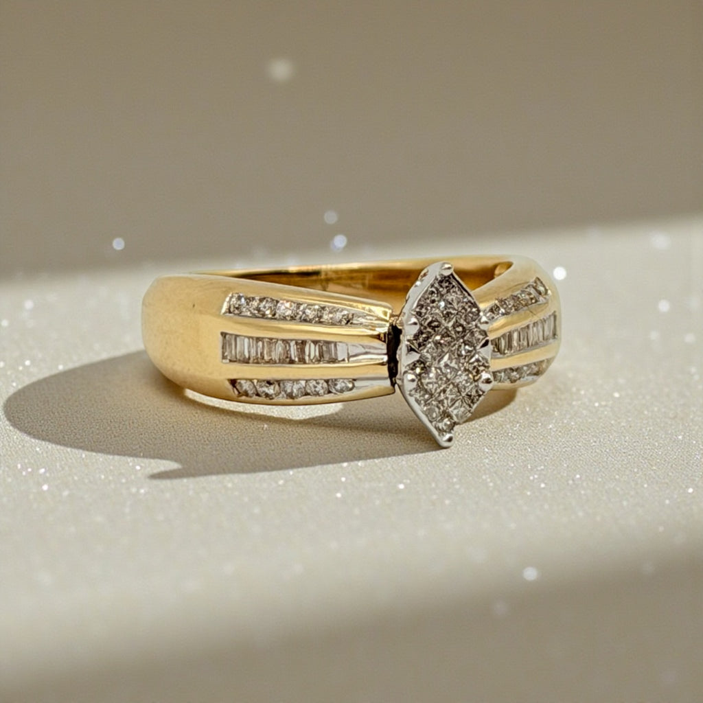 Rosy Blue Solid 14K Yellow Gold Marquise Diamond Cluster Ring – Size 7.25
