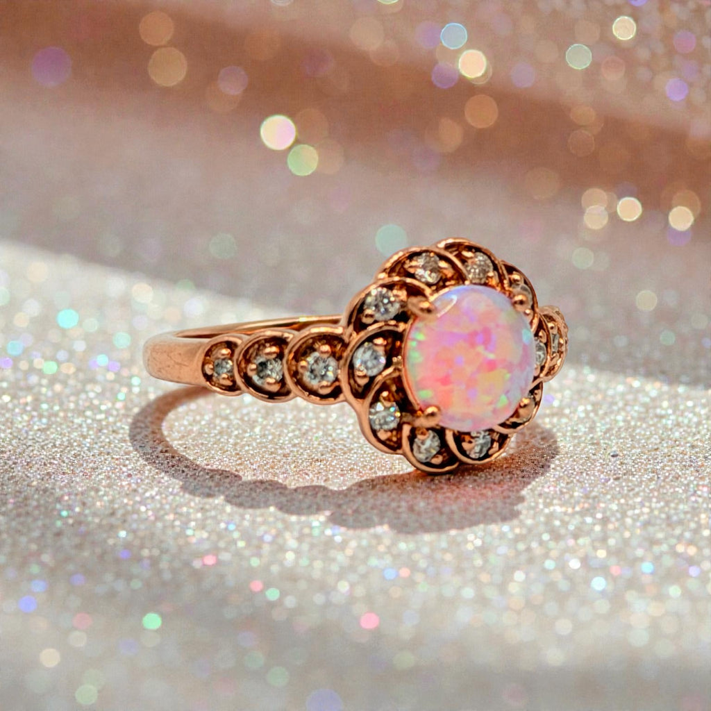 Solid 10K Rose Gold Ring with Round Cut Pink Opal and Diamond Accents Size 7