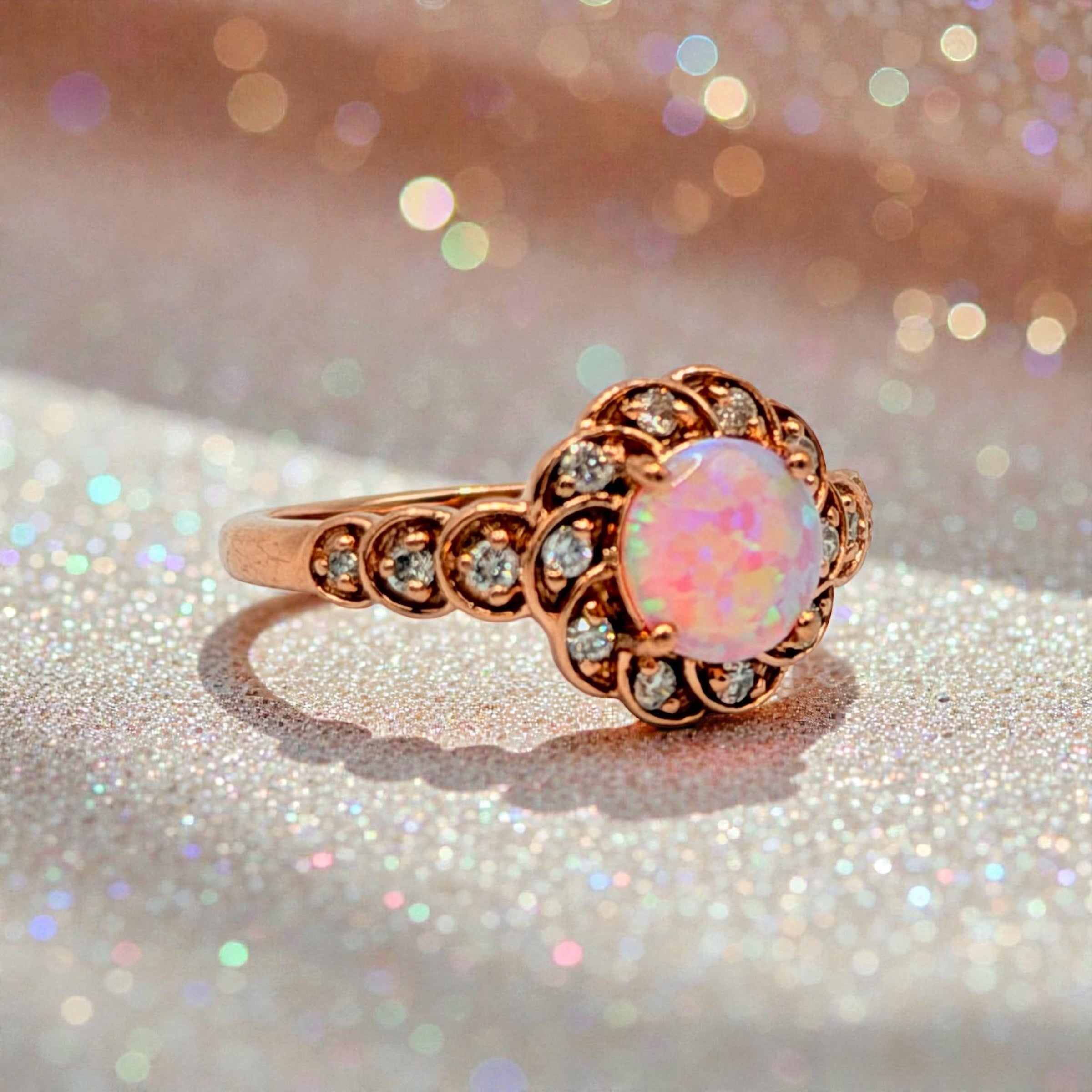 Solid 10K Rose Gold Ring with Round Cut Pink Opal and Diamond Accents Size 7