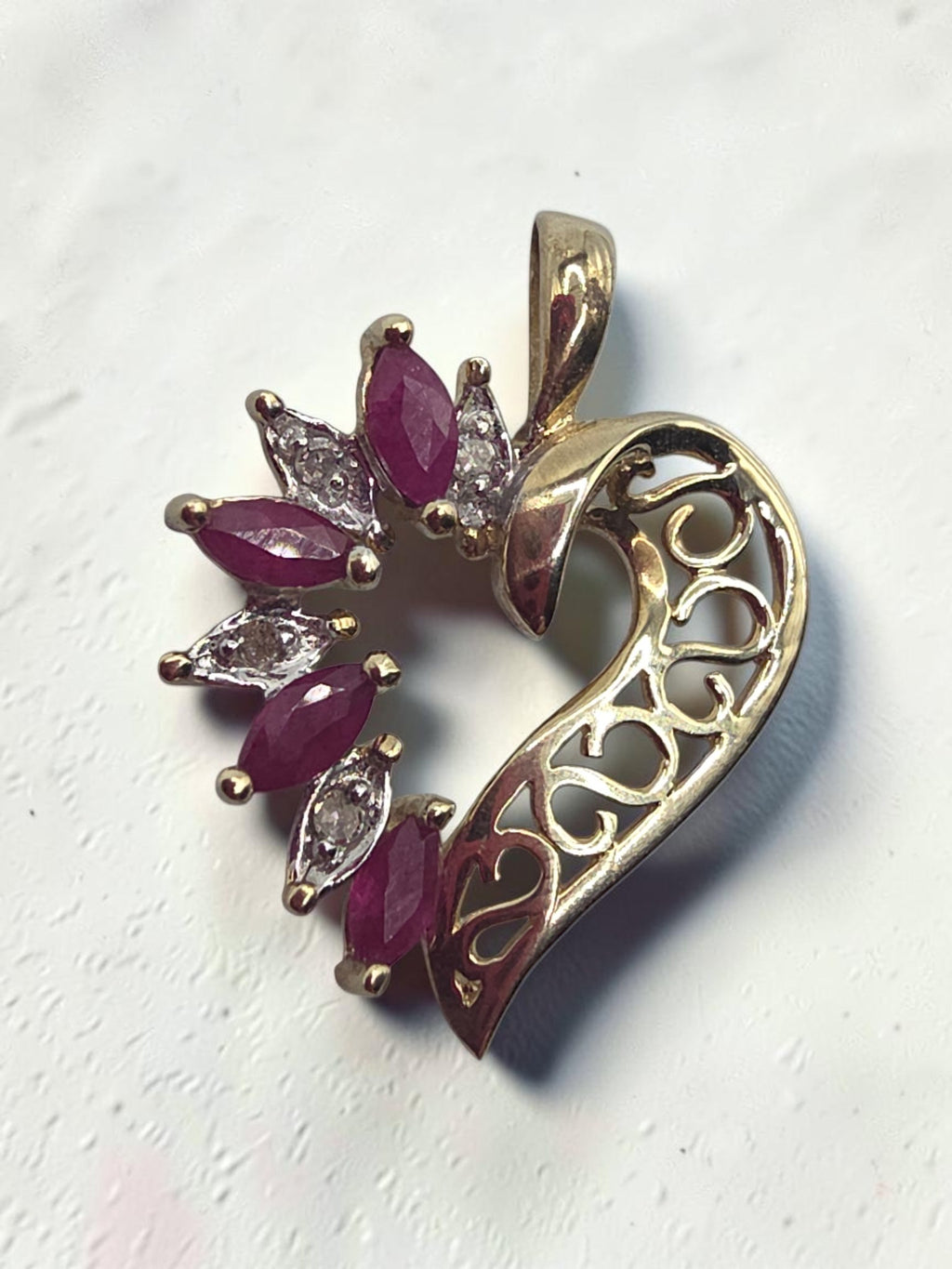 ADL Solid 10K Yellow Gold Open Heart Pendant with Marquise Cut Natural Rubies and Diamonds Along One Side and Openwork Scrollwork Along the Other
