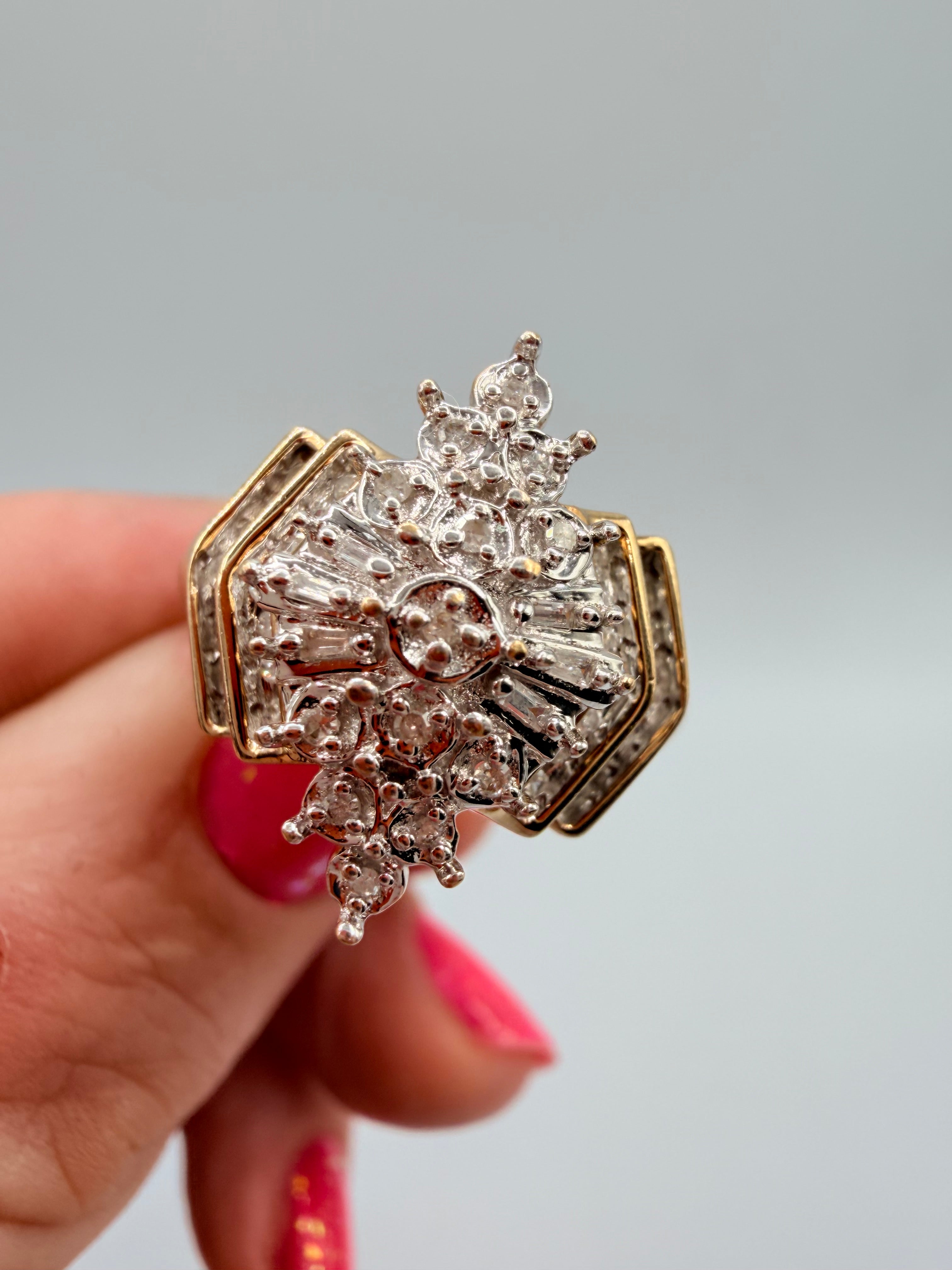 Solid 10K Yellow Gold Ring with Diamond Cluster Size 6.75