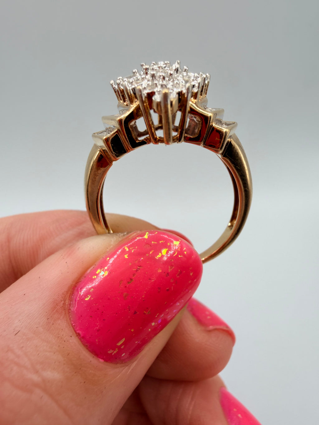 Solid 10K Yellow Gold Ring with Diamond Cluster Size 6.75