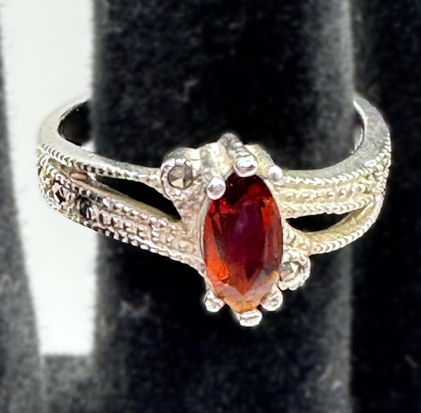 Amber Orange Marquise Cut Gem Sterling Silver Vintage Ring Size 6