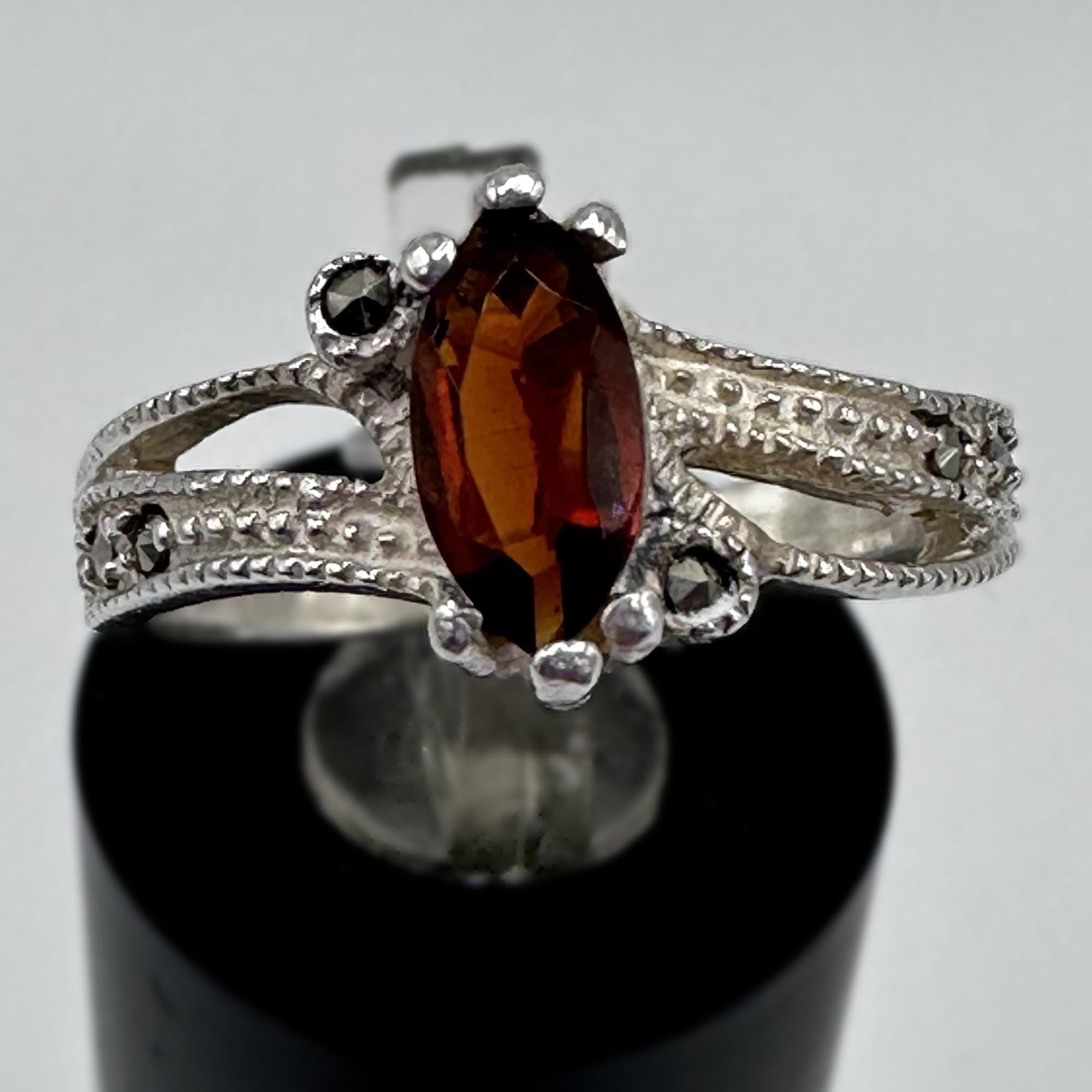 Amber Orange Marquise Cut Gem Sterling Silver Vintage Ring Size 6