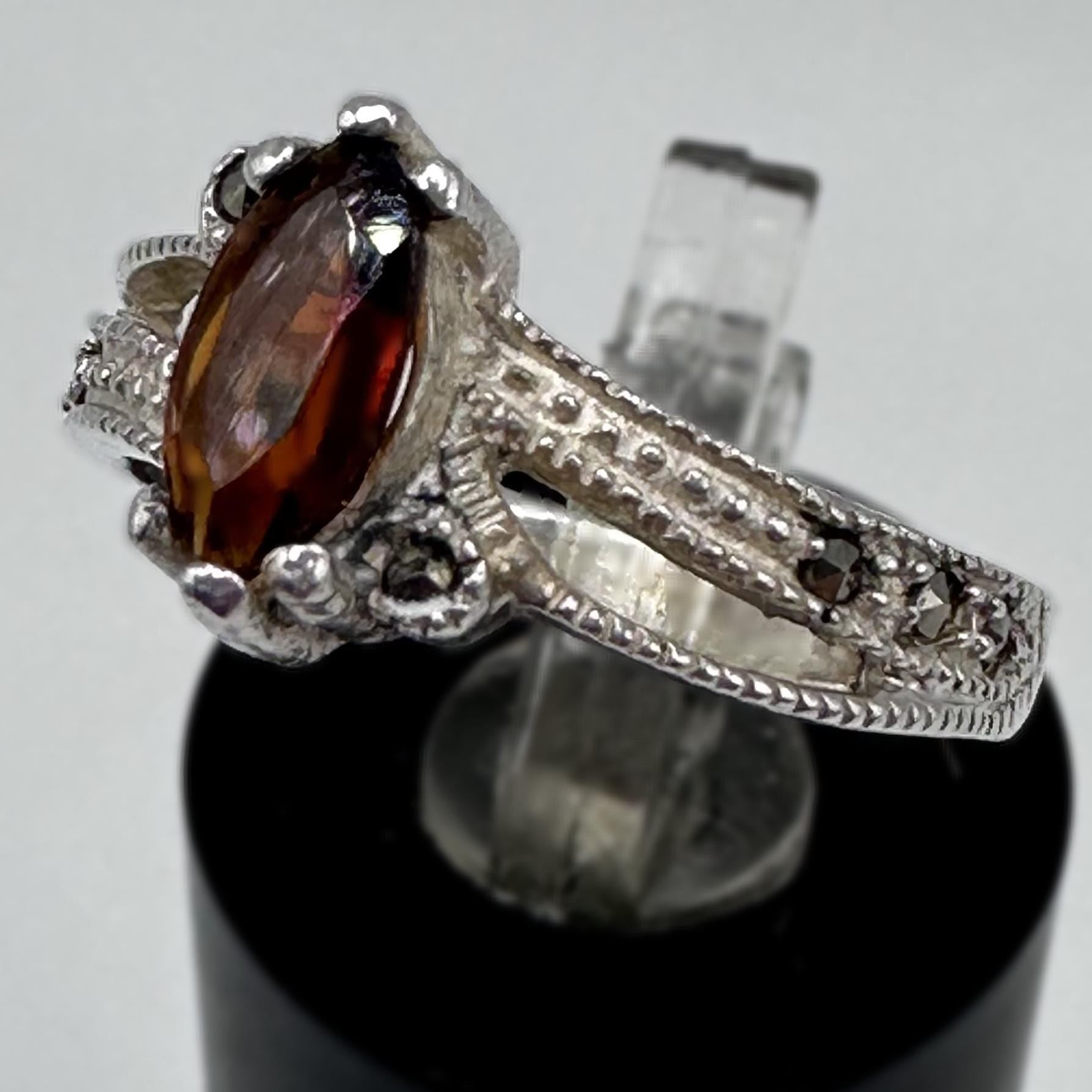 Amber Orange Marquise Cut Gem Sterling Silver Vintage Ring Size 6