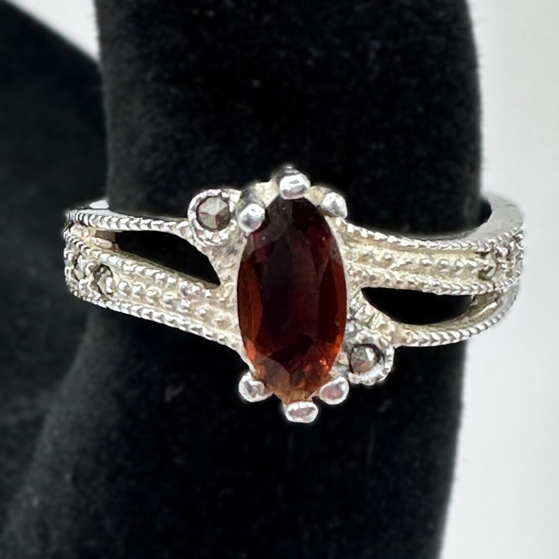 Amber Orange Marquise Cut Gem Sterling Silver Vintage Ring Size 6