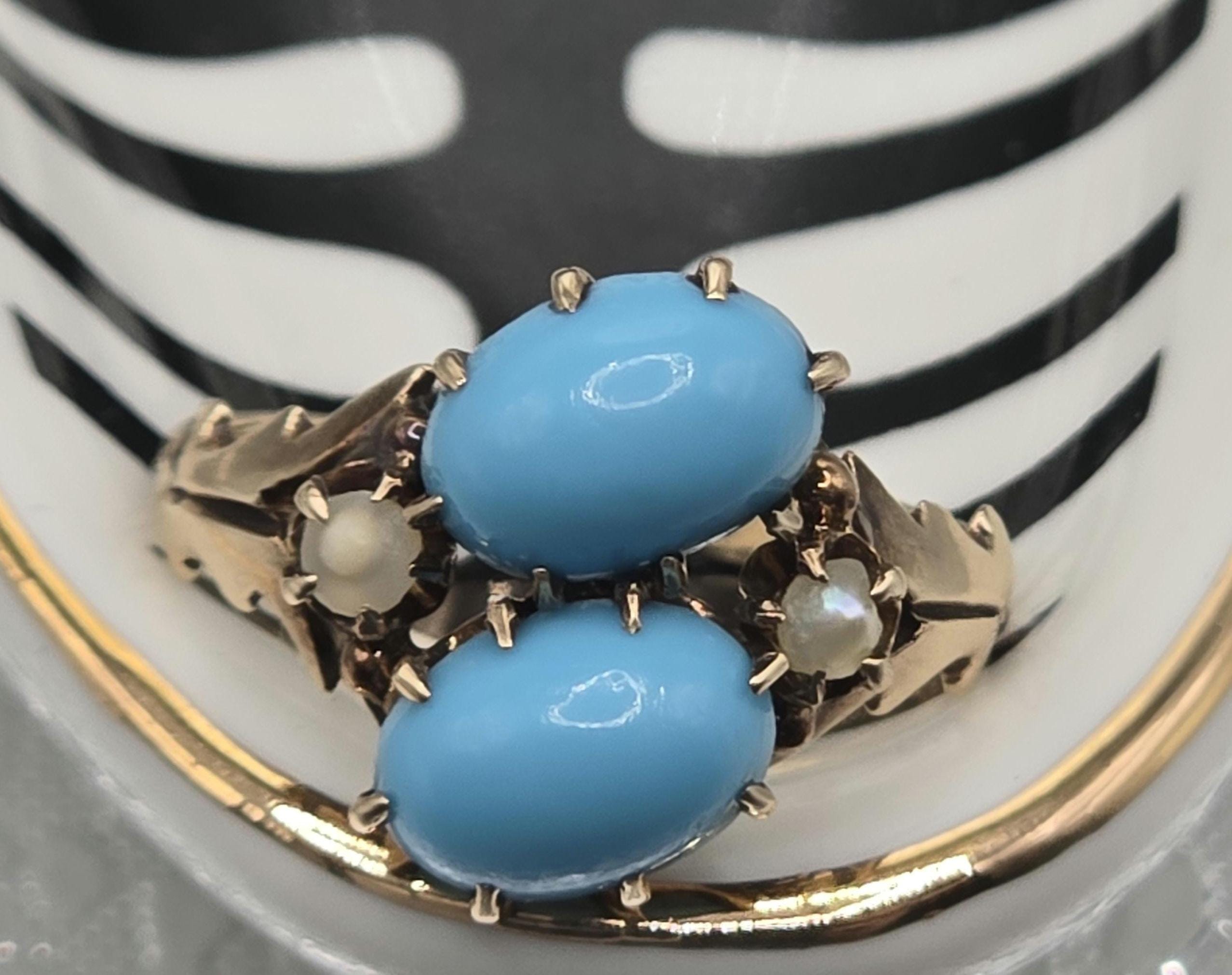 Antique Victorian solid 10K gold Sleeping Beauty turquoise cabochon ring with seed pearls size 2