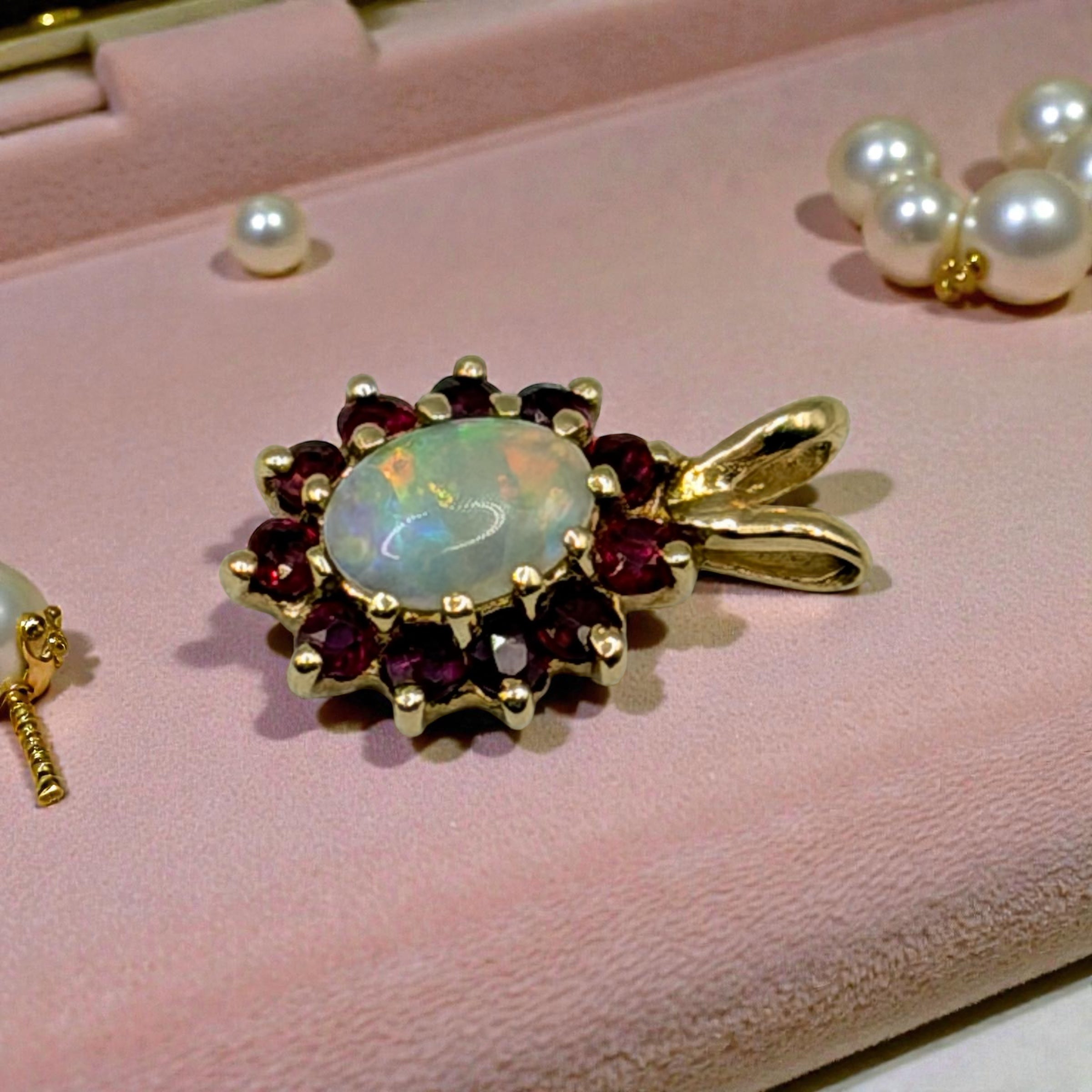 Solid 14K Yellow Gold Necklace Pendant with Oval Cut Opal and Ruby Halo