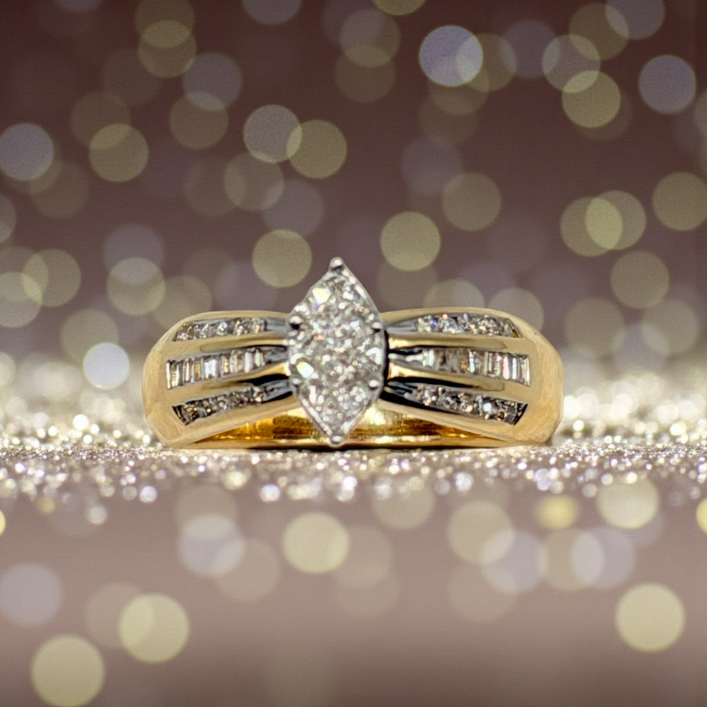Rosy Blue Solid 14K Yellow Gold Marquise Diamond Cluster Ring – Size 7.25