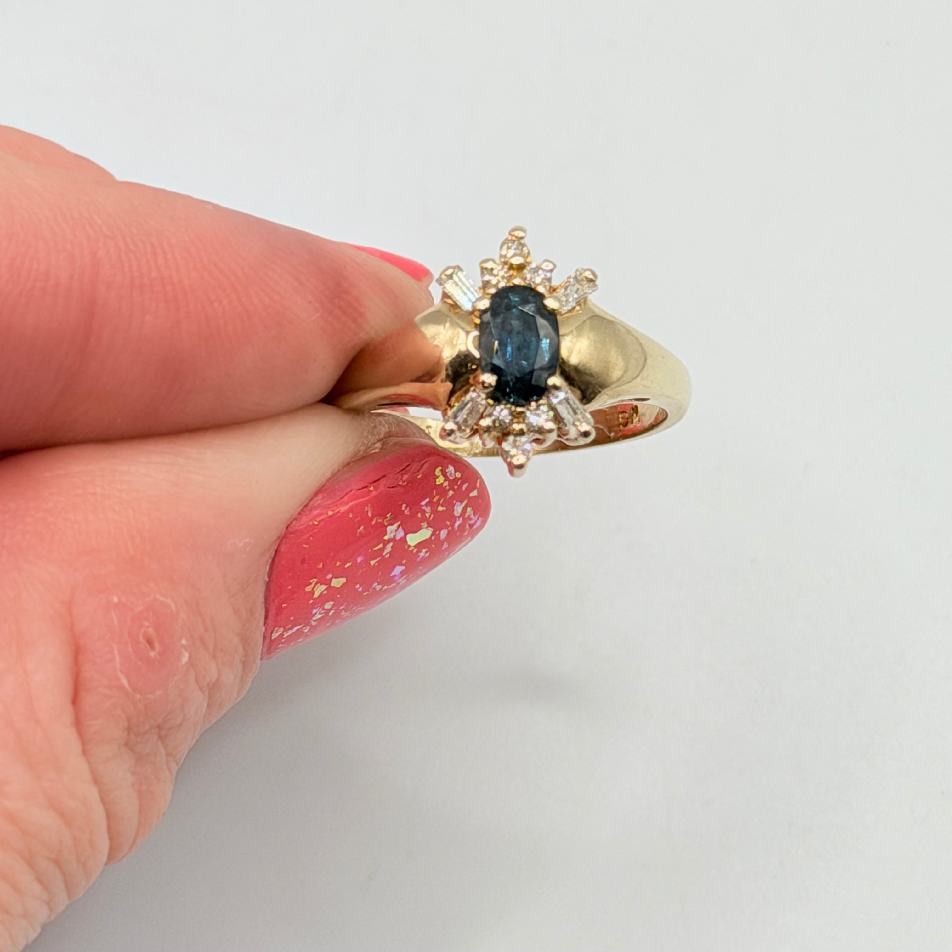 Solid 14K Yellow Gold Ring with Blue Sapphire and Diamond Accents – Size 6.5