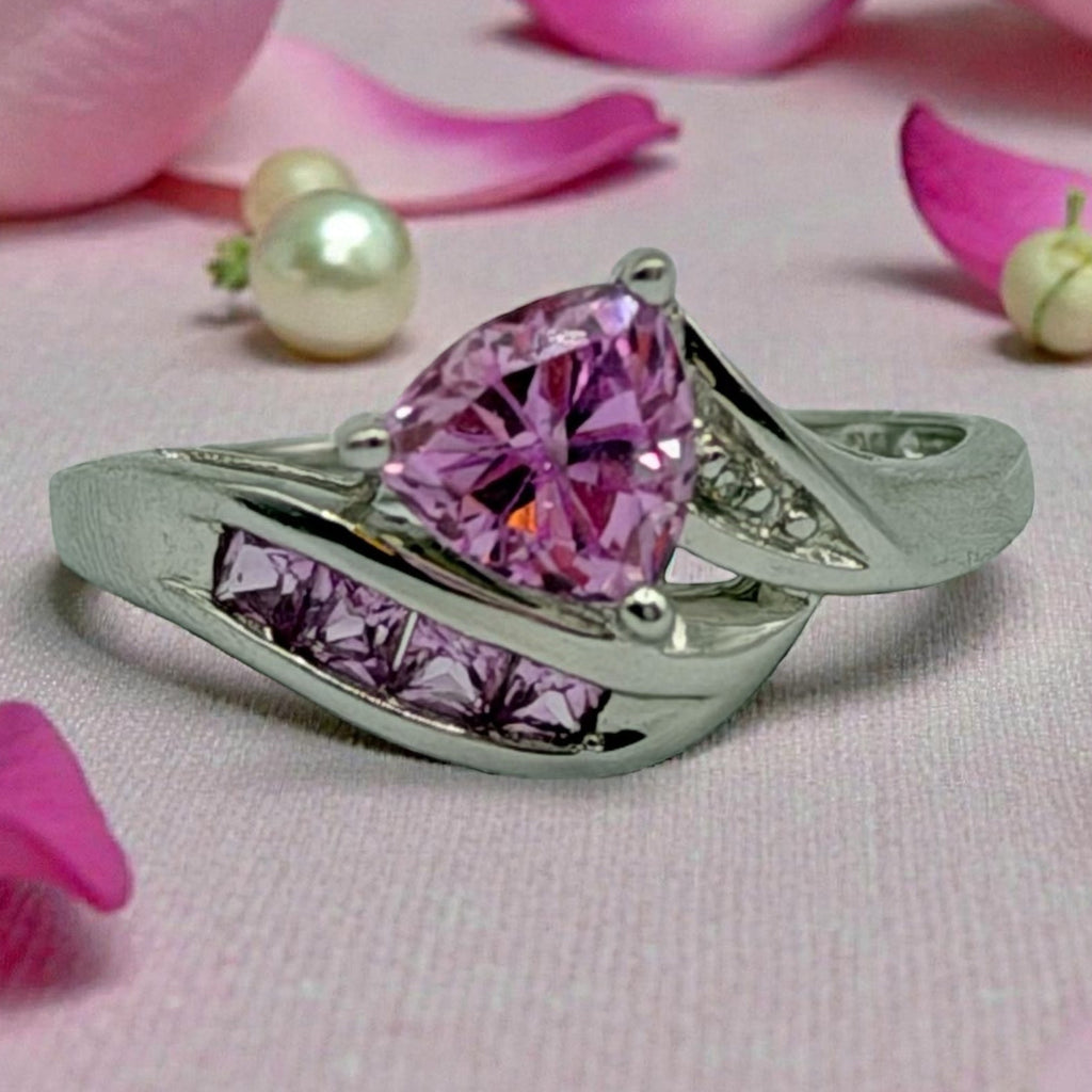 Solid 10K White Gold Ring with Trillion-Cut Pink Topaz - Size 6.75