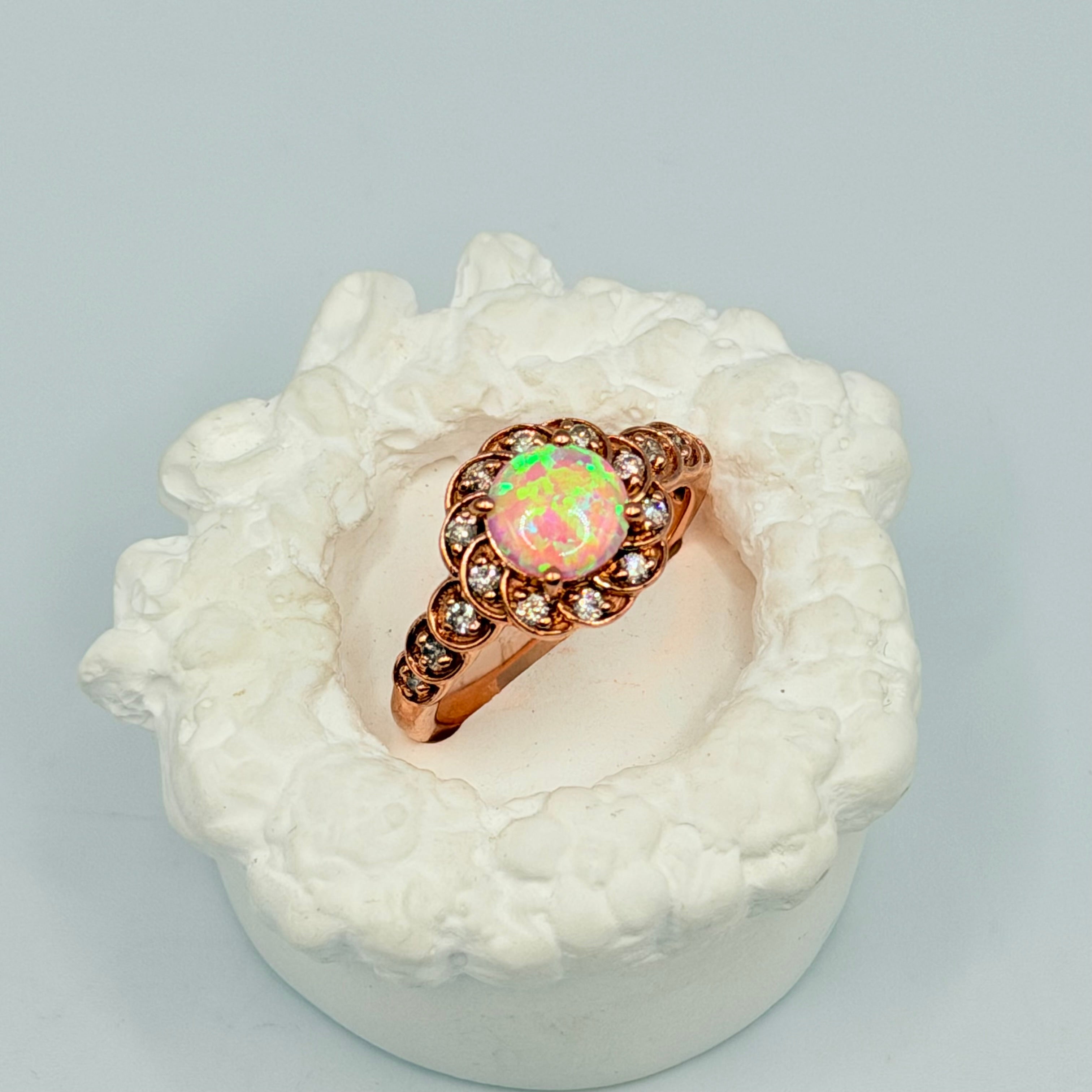Solid 10K Rose Gold Ring with Round Cut Pink Opal and Diamond Accents Size 7