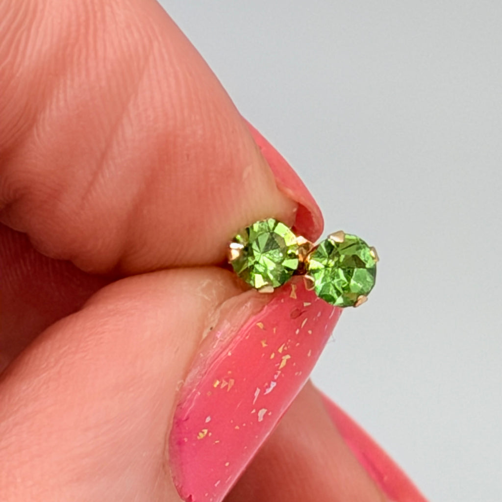 Solid 14K Yellow Gold Stud Earrings with Round Cut Green Gemstones