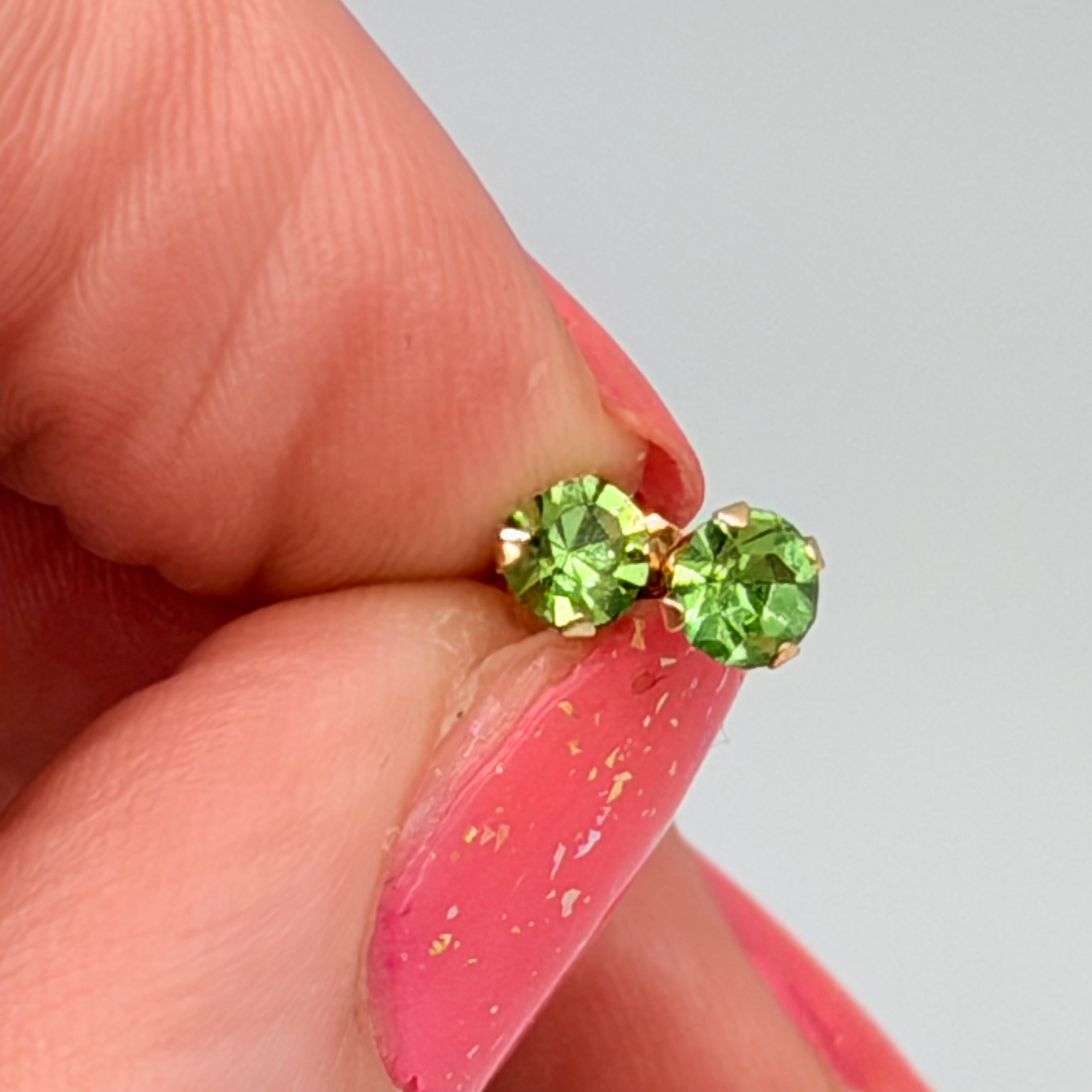 Solid 14K Yellow Gold Stud Earrings with Round Cut Green Gemstones