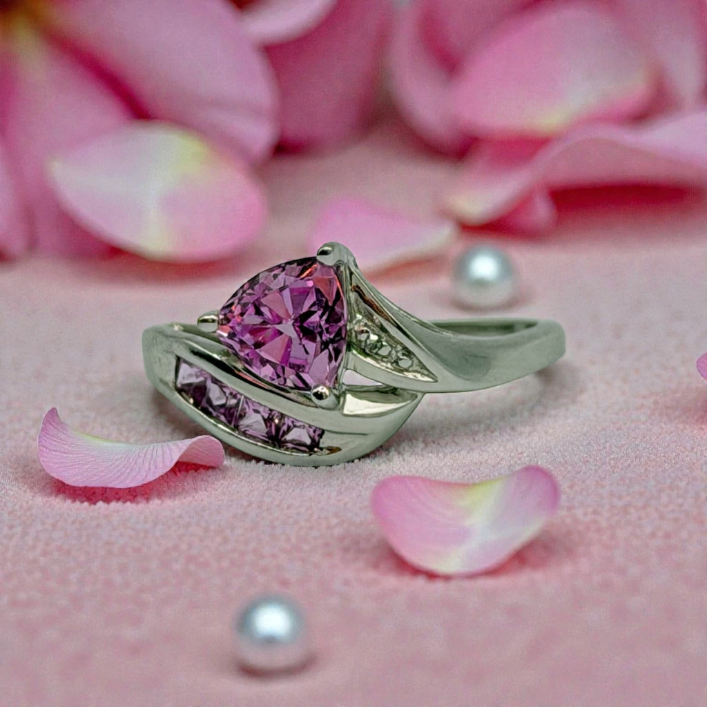 Solid 10K White Gold Ring with Trillion-Cut Pink Topaz - Size 6.75