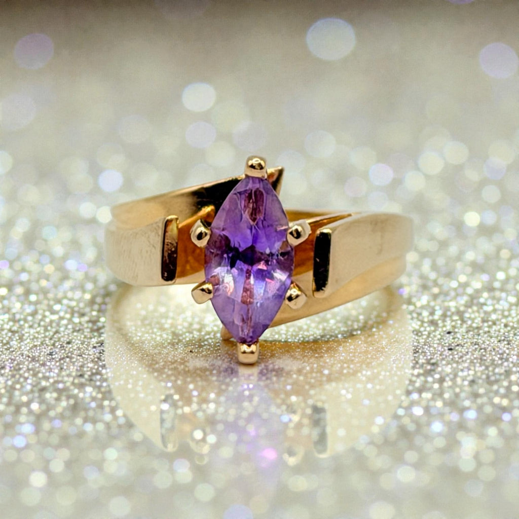 Helzberg Solid 14K Yellow Gold Ring with Marquise-Cut Amethyst – Size 6