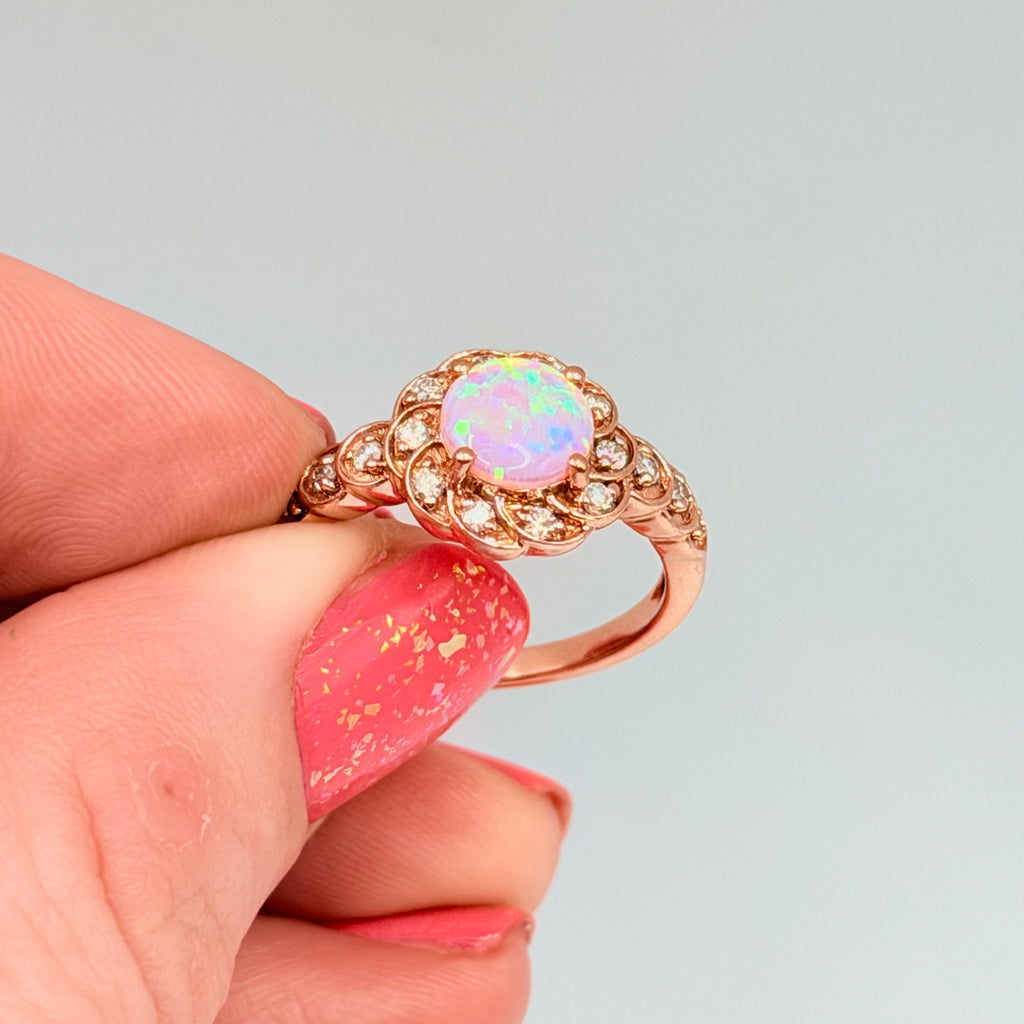 Solid 10K Rose Gold Ring with Round Cut Pink Opal and Diamond Accents Size 7