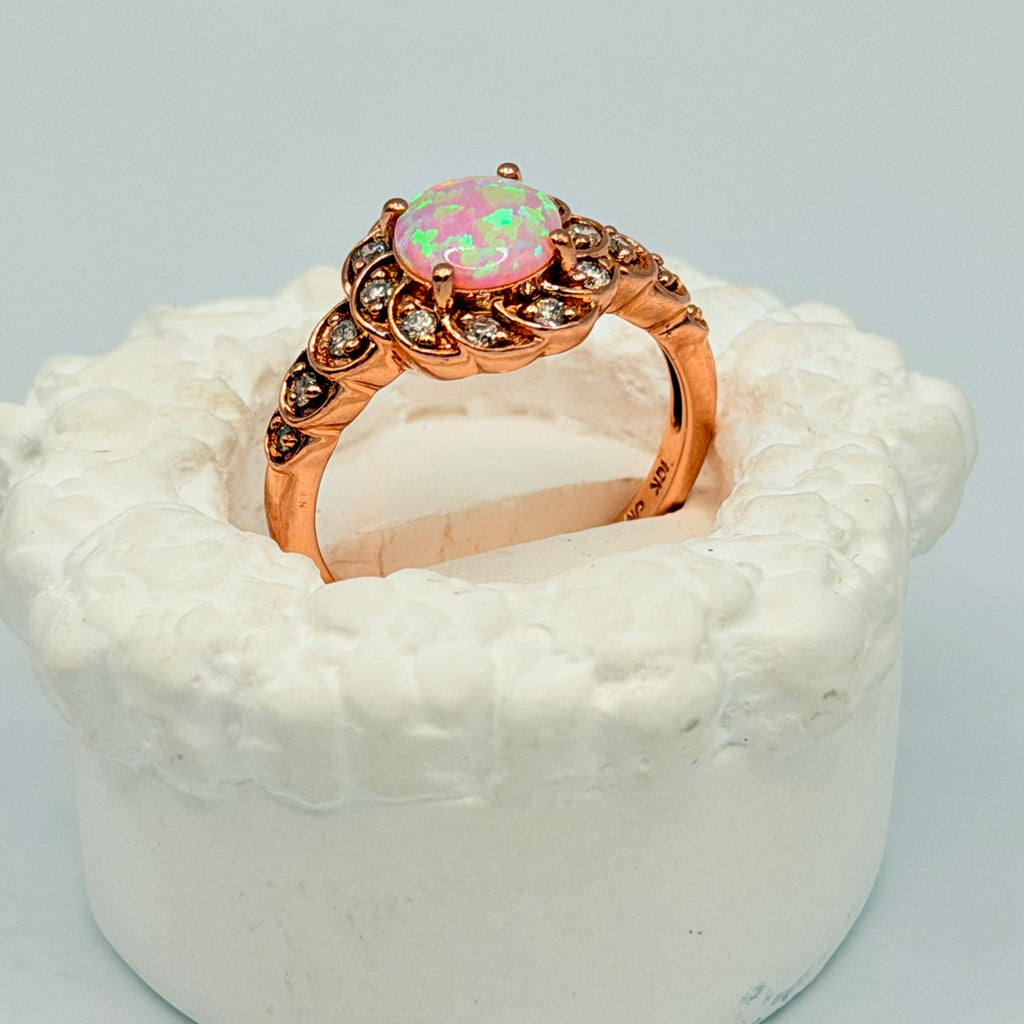 Solid 10K Rose Gold Ring with Round Cut Pink Opal and Diamond Accents Size 7