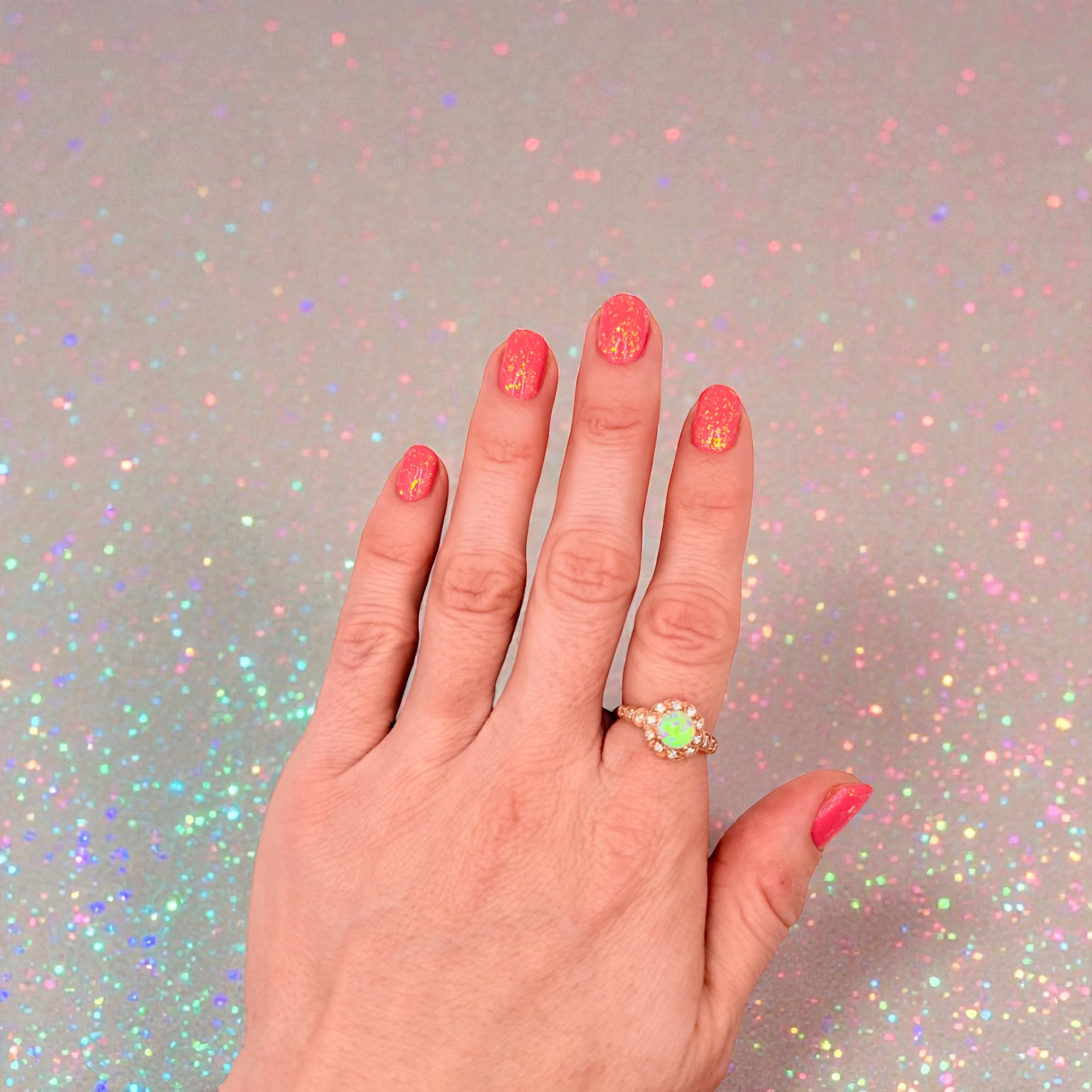 Solid 10K Rose Gold Ring with Round Cut Pink Opal and Diamond Accents Size 7