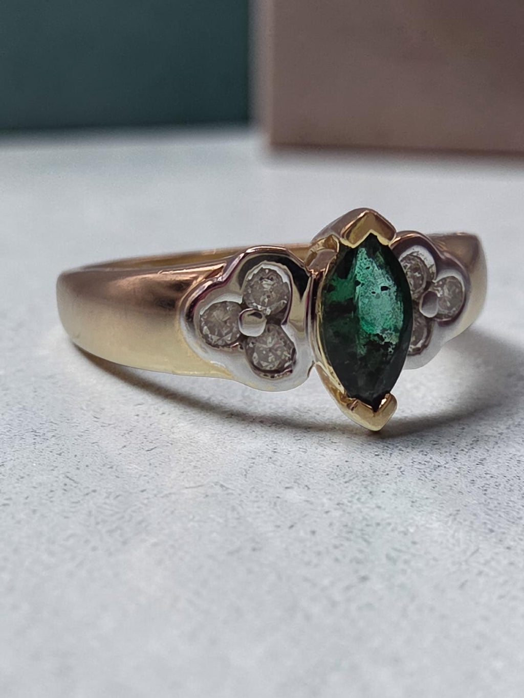 Black Hills Gold CCO solid 14K marquise emerald and diamond ring size 6.75