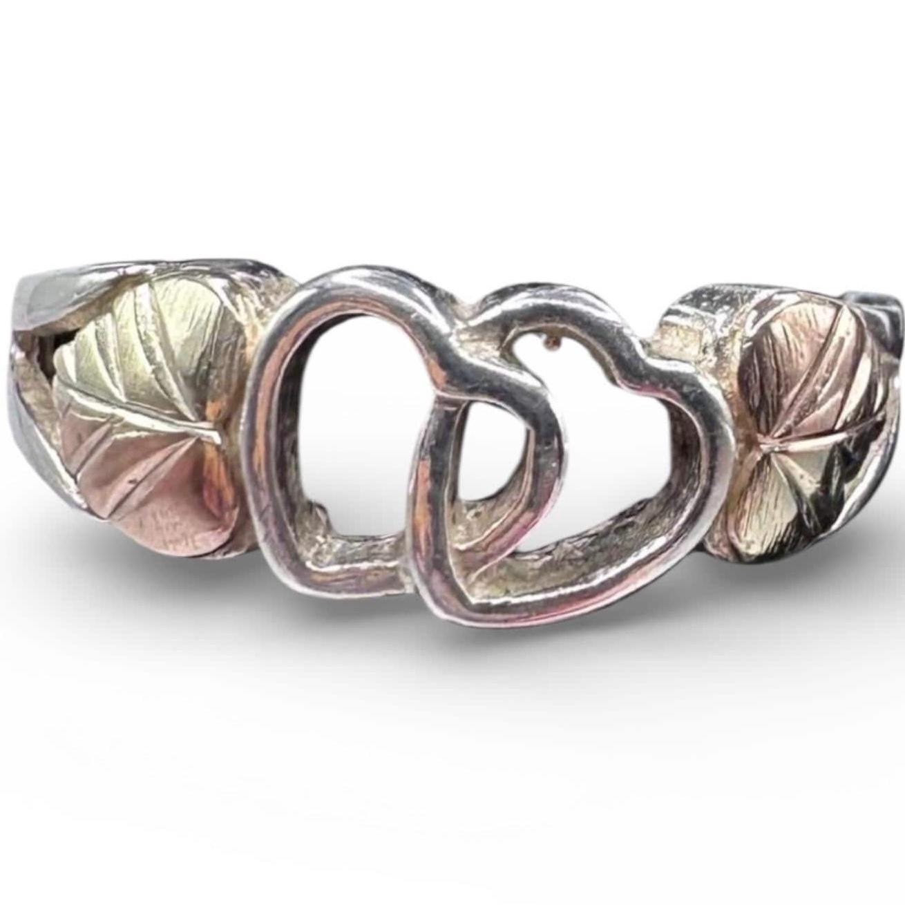Black Hills Gold Double Heart Ring, Sterling Silver with Solid 12K Gold Accents, Size 5.75