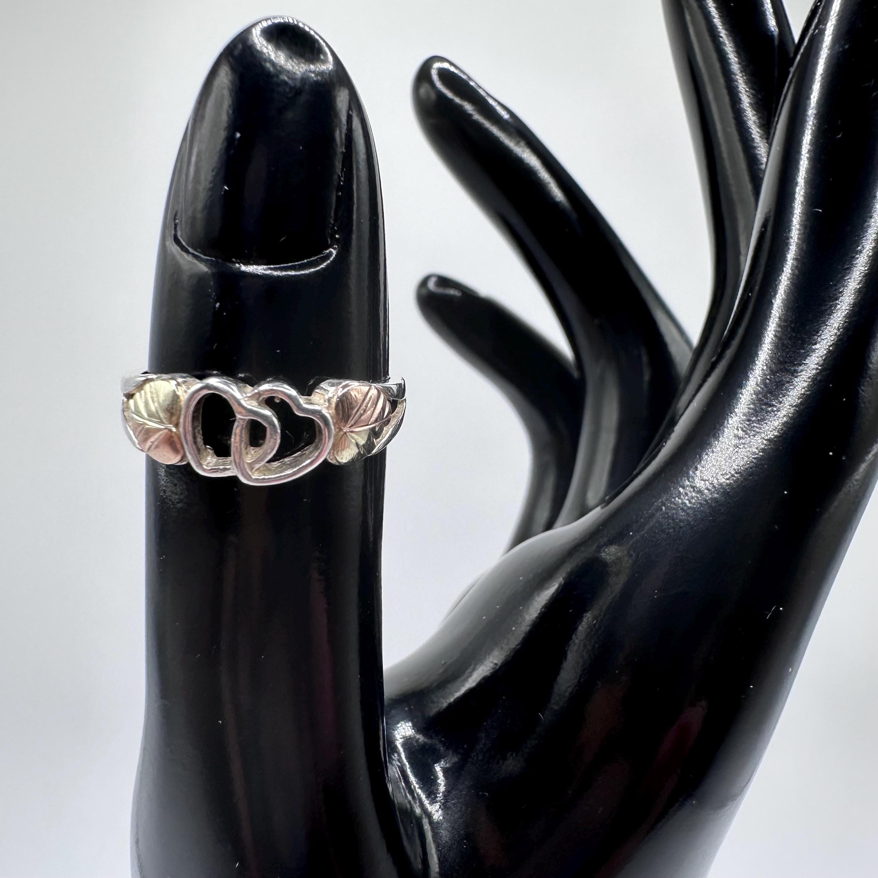 Black Hills Gold Double Heart Ring, Sterling Silver with Solid 12K Gold Accents, Size 5.75