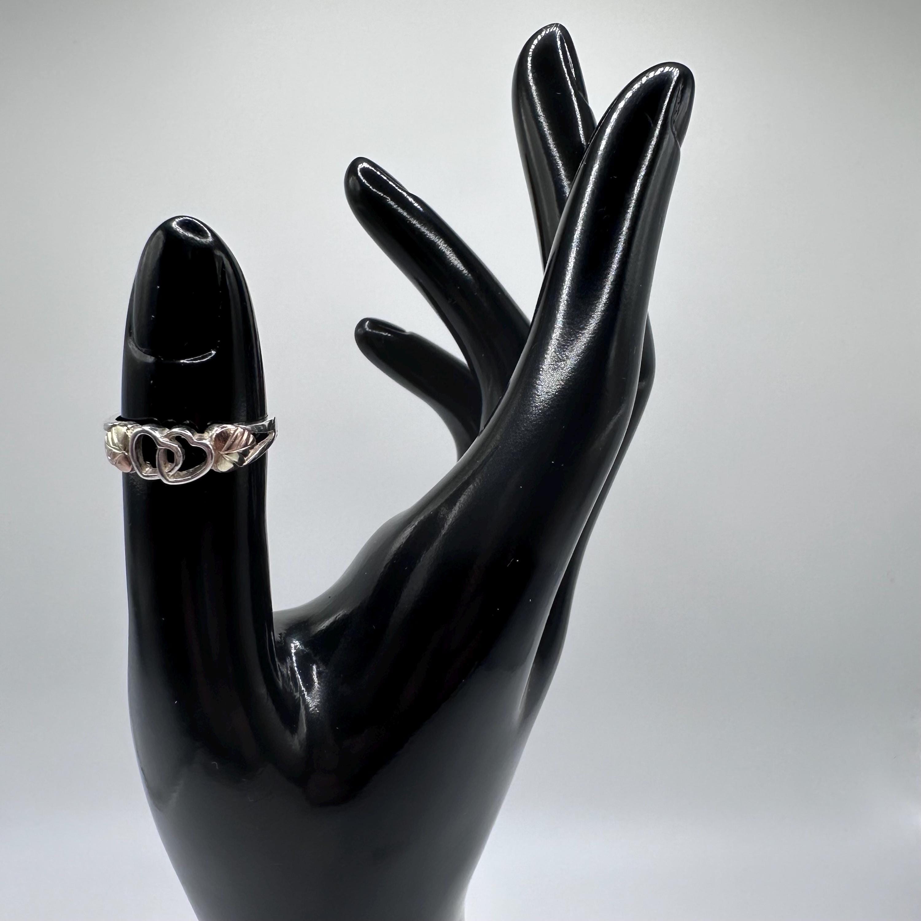 Black Hills Gold Double Heart Ring, Sterling Silver with Solid 12K Gold Accents, Size 5.75