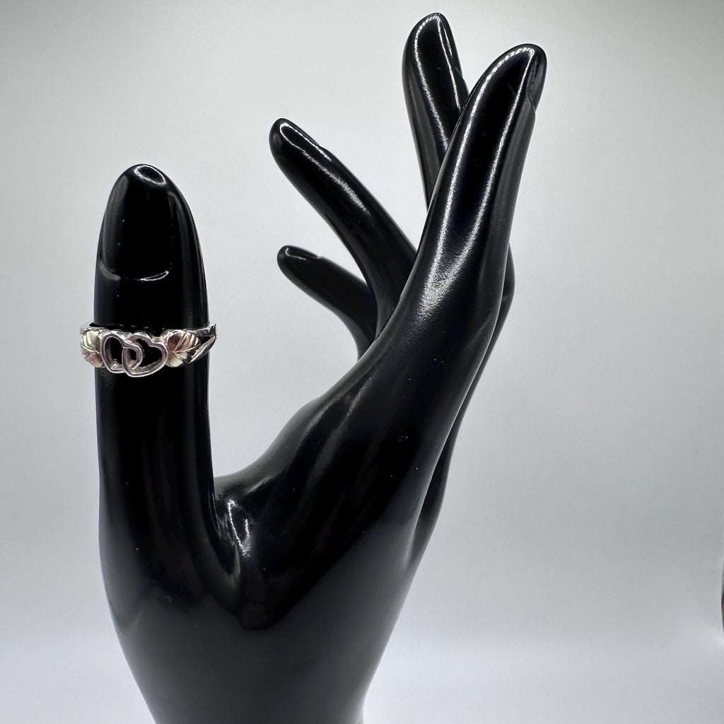 Black Hills Gold Double Heart Ring, Sterling Silver with Solid 12K Gold Accents, Size 5.75