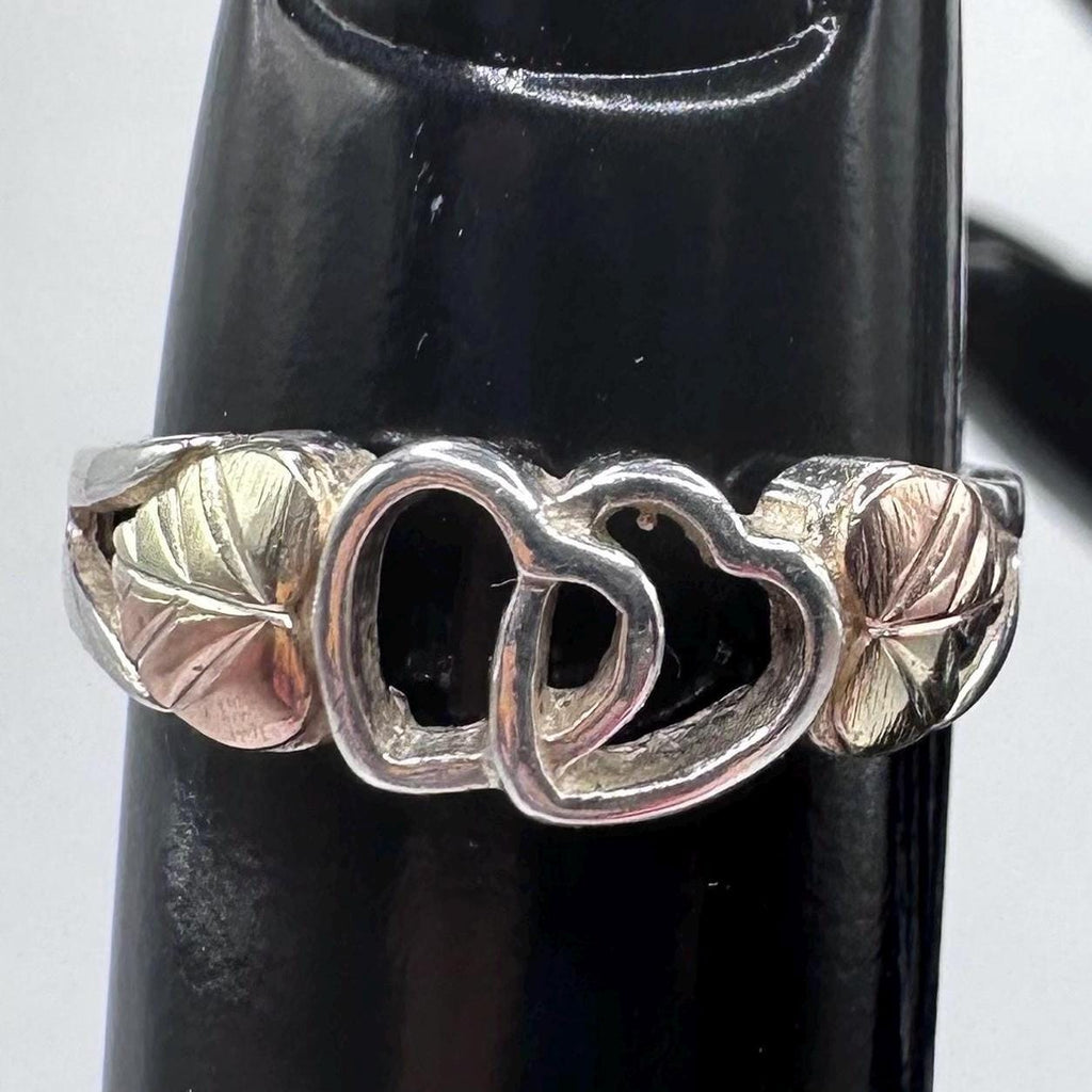 Black Hills Gold Double Heart Ring, Sterling Silver with Solid 12K Gold Accents, Size 5.75