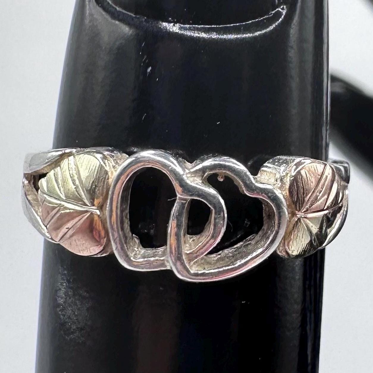 Black Hills Gold Double Heart Ring, Sterling Silver with Solid 12K Gold Accents, Size 5.75