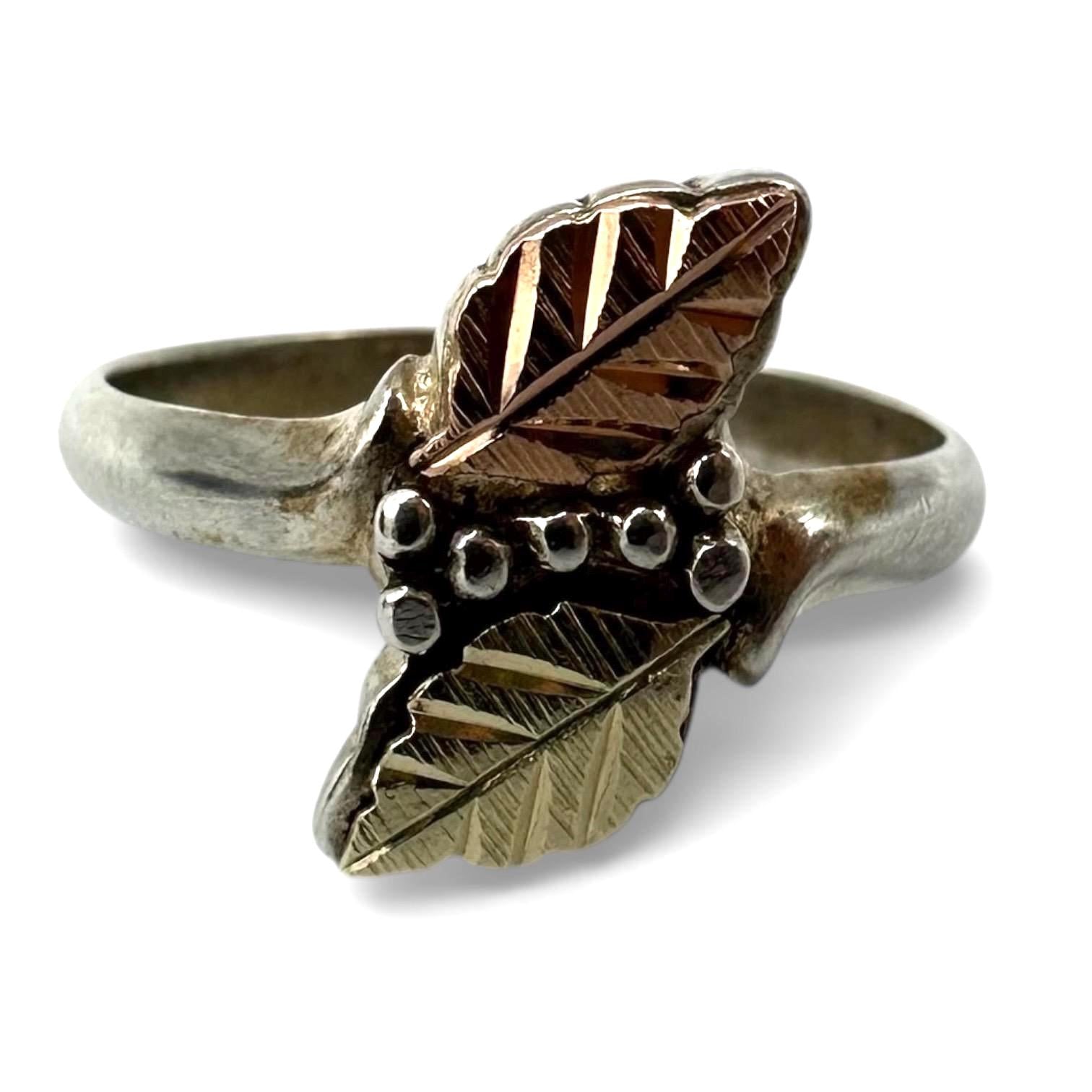 Black Hills Gold Sterling Silver Ring, 12K Solid Gold Leaves, Size 5.75