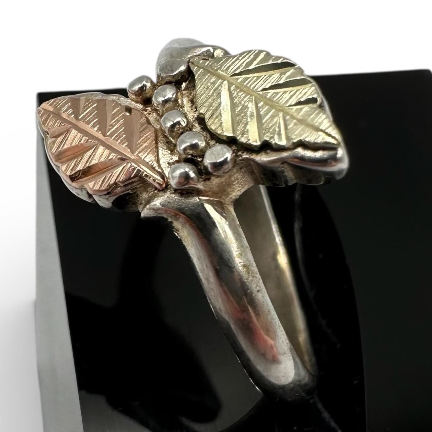 Black Hills Gold Sterling Silver Ring, 12K Solid Gold Leaves, Size 5.75