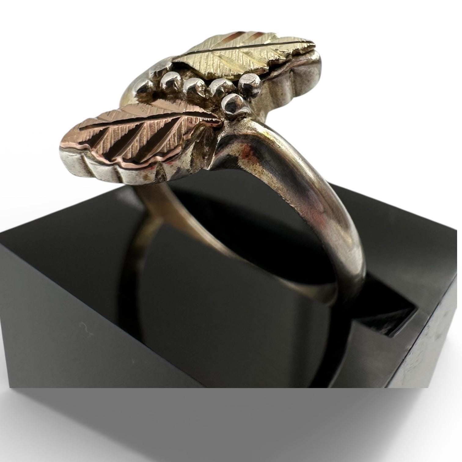 Black Hills Gold Sterling Silver Ring, 12K Solid Gold Leaves, Size 5.75