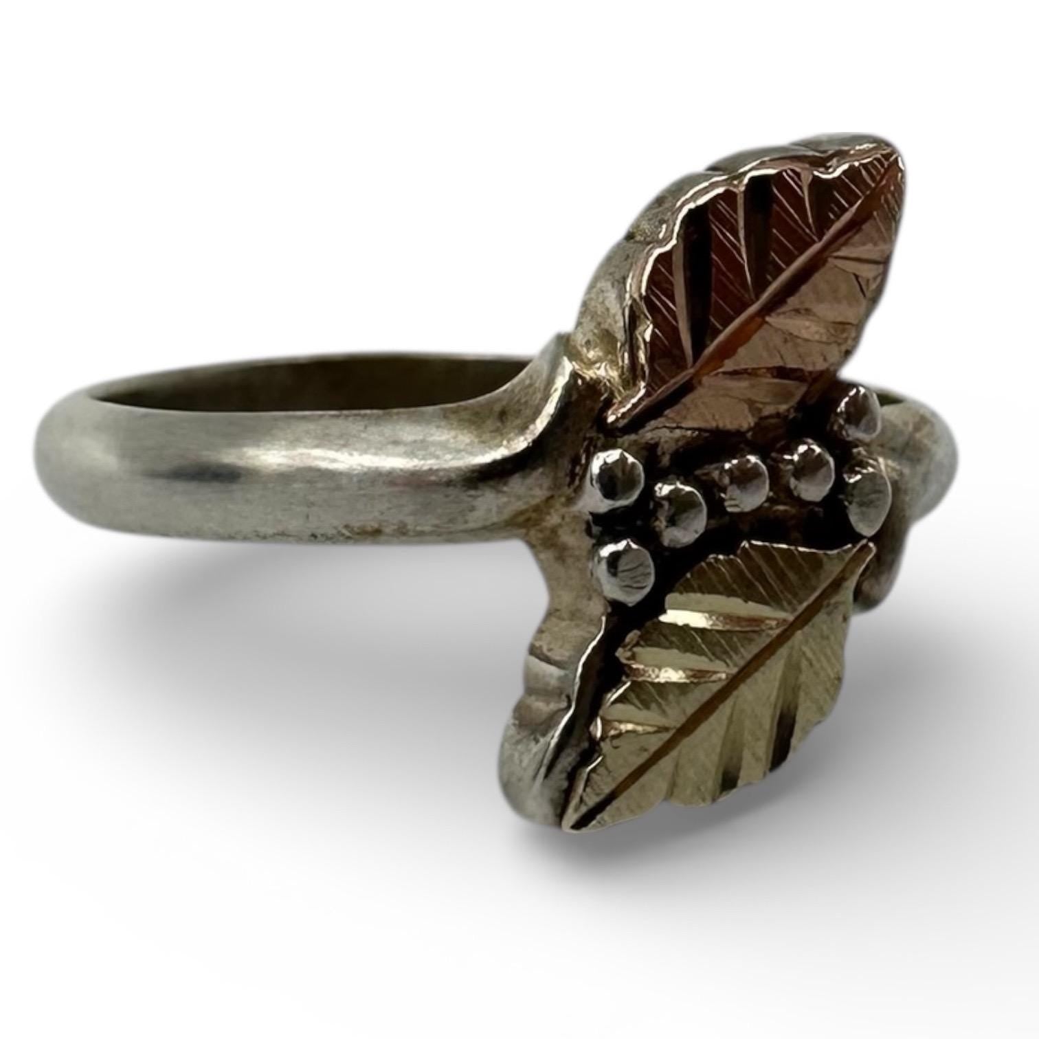 Black Hills Gold Sterling Silver Ring, 12K Solid Gold Leaves, Size 5.75