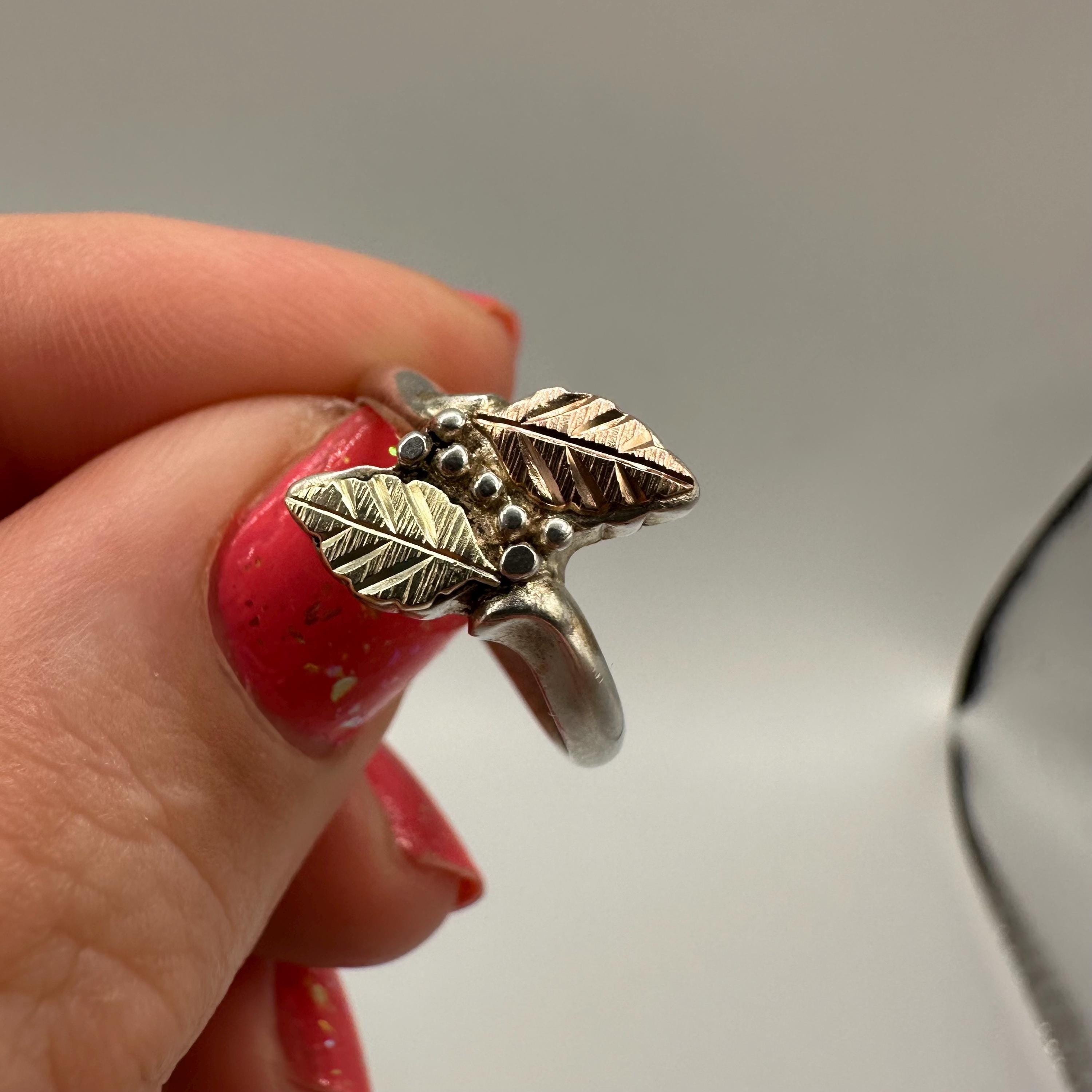 Black Hills Gold Sterling Silver Ring, 12K Solid Gold Leaves, Size 5.75