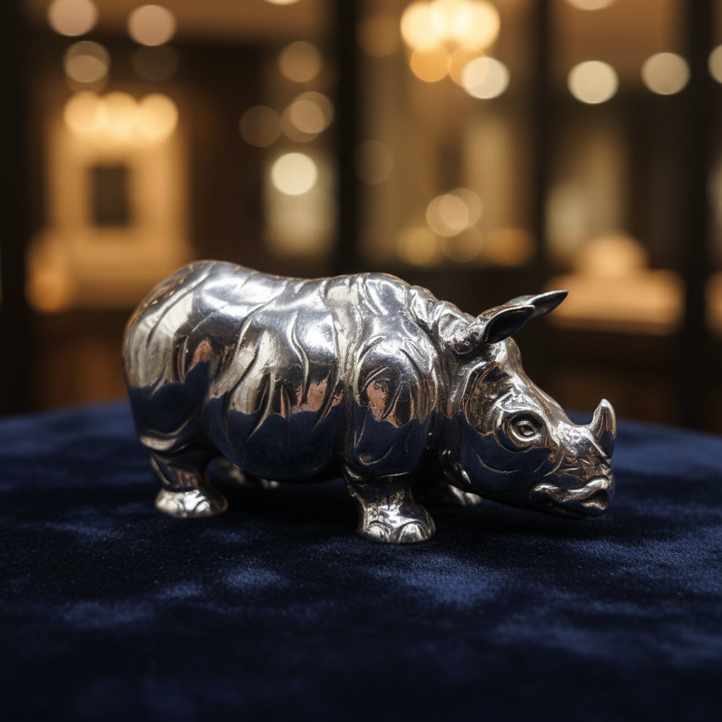 Buccellati sterling silver rhinoceros figurine hand chased in Italy with textured hide detail