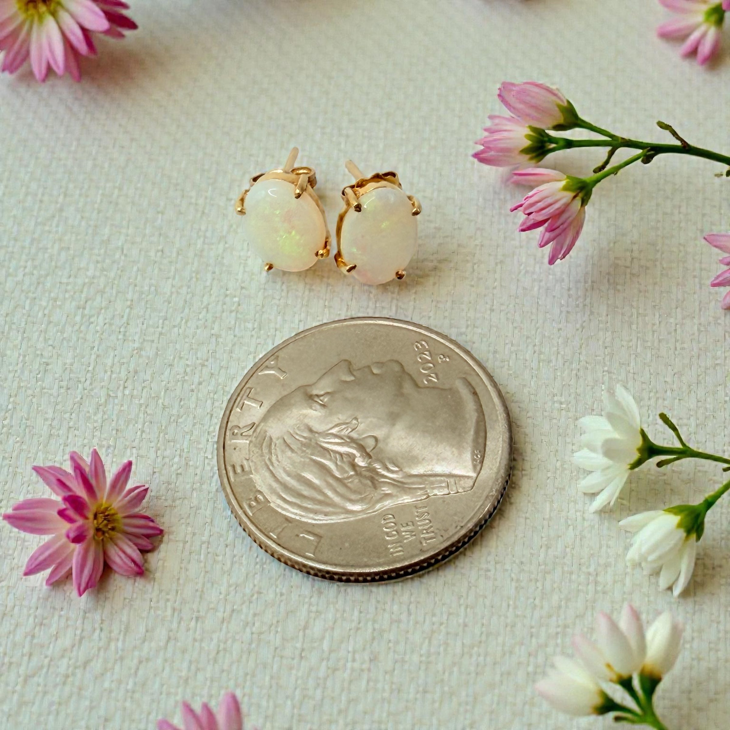 Solid 14K Yellow Gold Stud Earrings with Oval Cut Opals