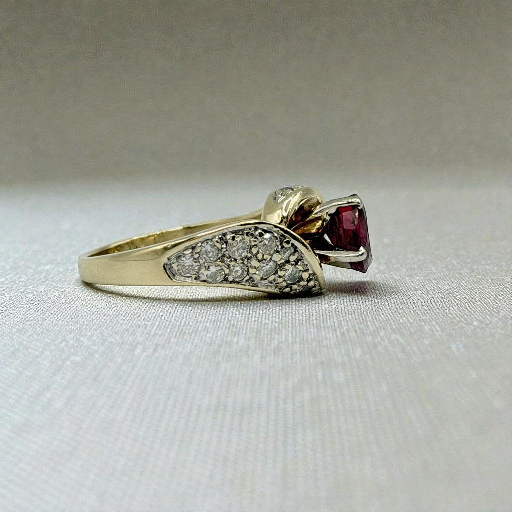 Solid 14K Yellow Gold Ruby Ring with 24 Diamond Accents – Size 5.5