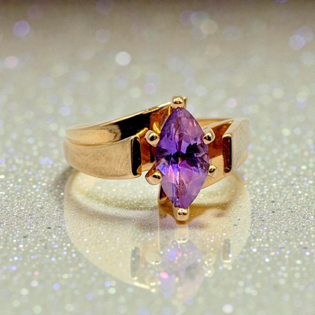 Helzberg Solid 14K Yellow Gold Ring with Marquise-Cut Amethyst – Size 6