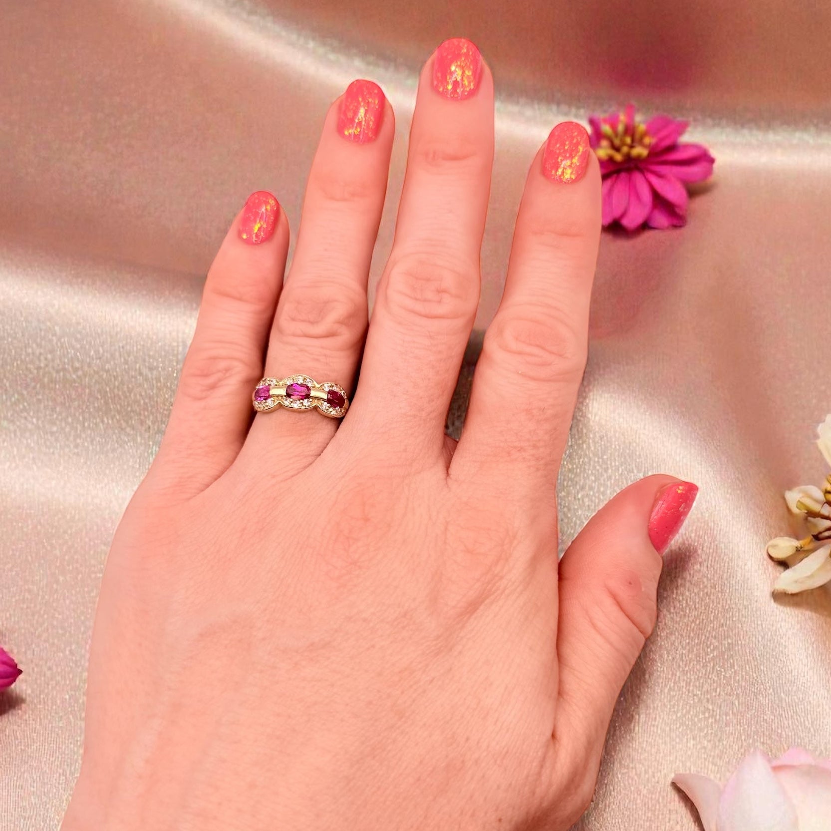 Solid 14K Gold Ring with Ruby, Pink Sapphire & Gemstone Accents – Size 7